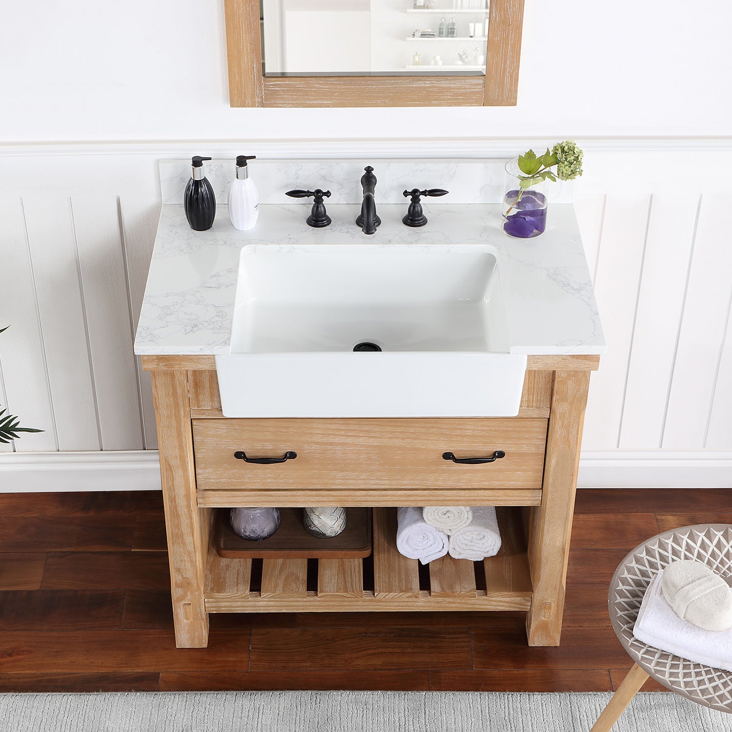 Vinnova Design Villareal 36" Single Vanity in Weathered Pine with Composite Stone Top in White, White Farmhouse Basin - New Star Living