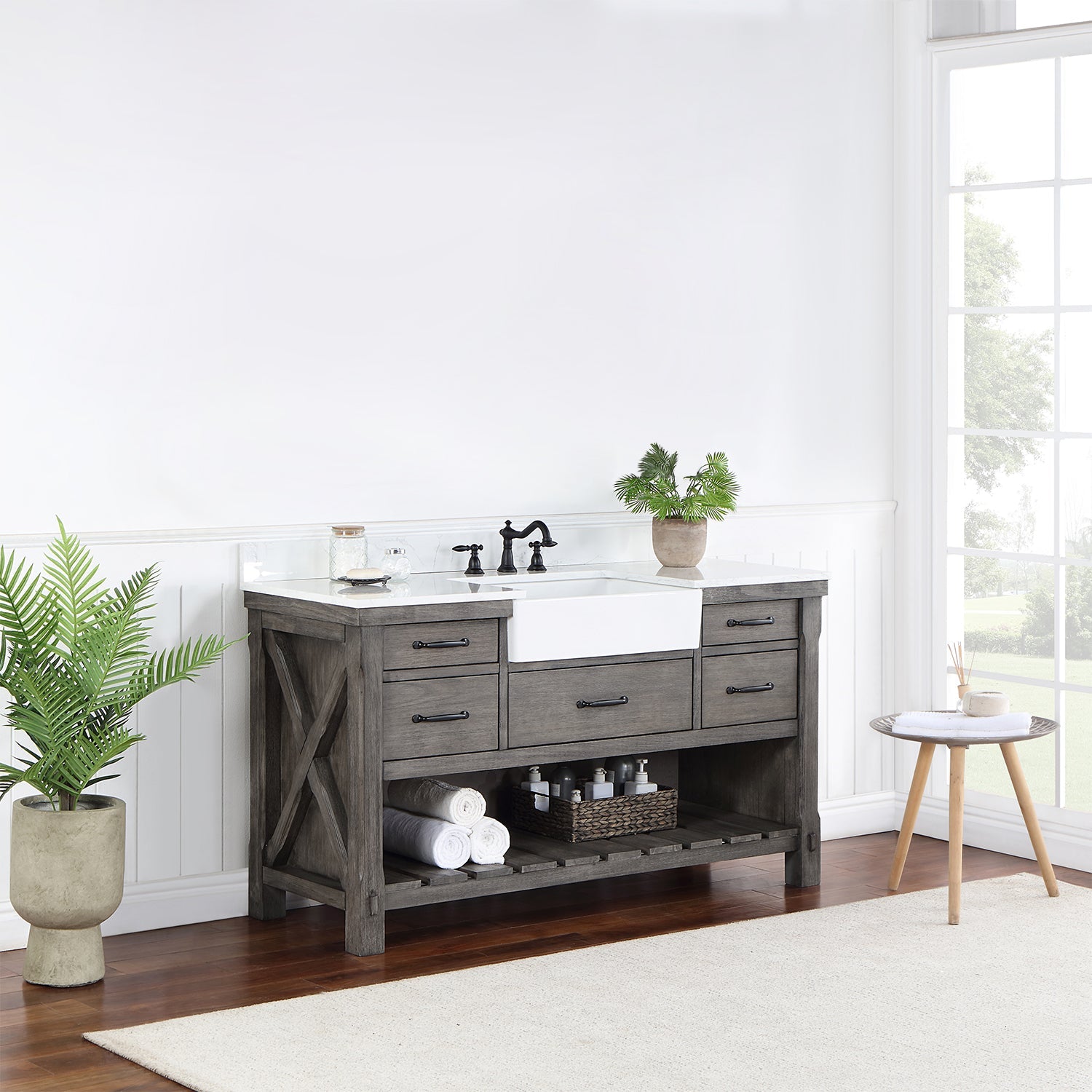 Vinnova Design Villareal 60" Single Vanity in Classical Grey with Composite Stone Top in White, White Farmhouse Basin - New Star Living
