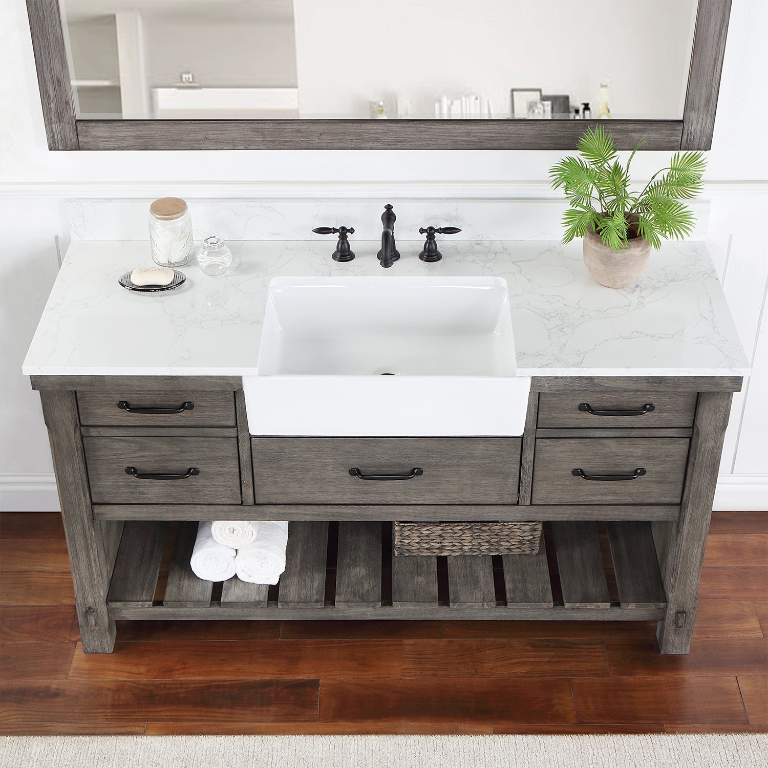 Vinnova Design Villareal 60" Single Vanity in Classical Grey with Composite Stone Top in White, White Farmhouse Basin - New Star Living