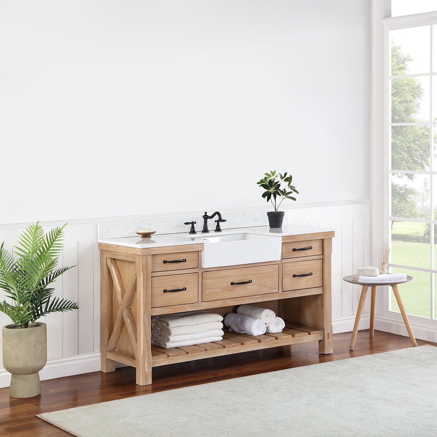 Vinnova Design Villareal 60" Single Vanity in Weathered Pine with Composite Stone Top in White, White Farmhouse Basin - New Star Living