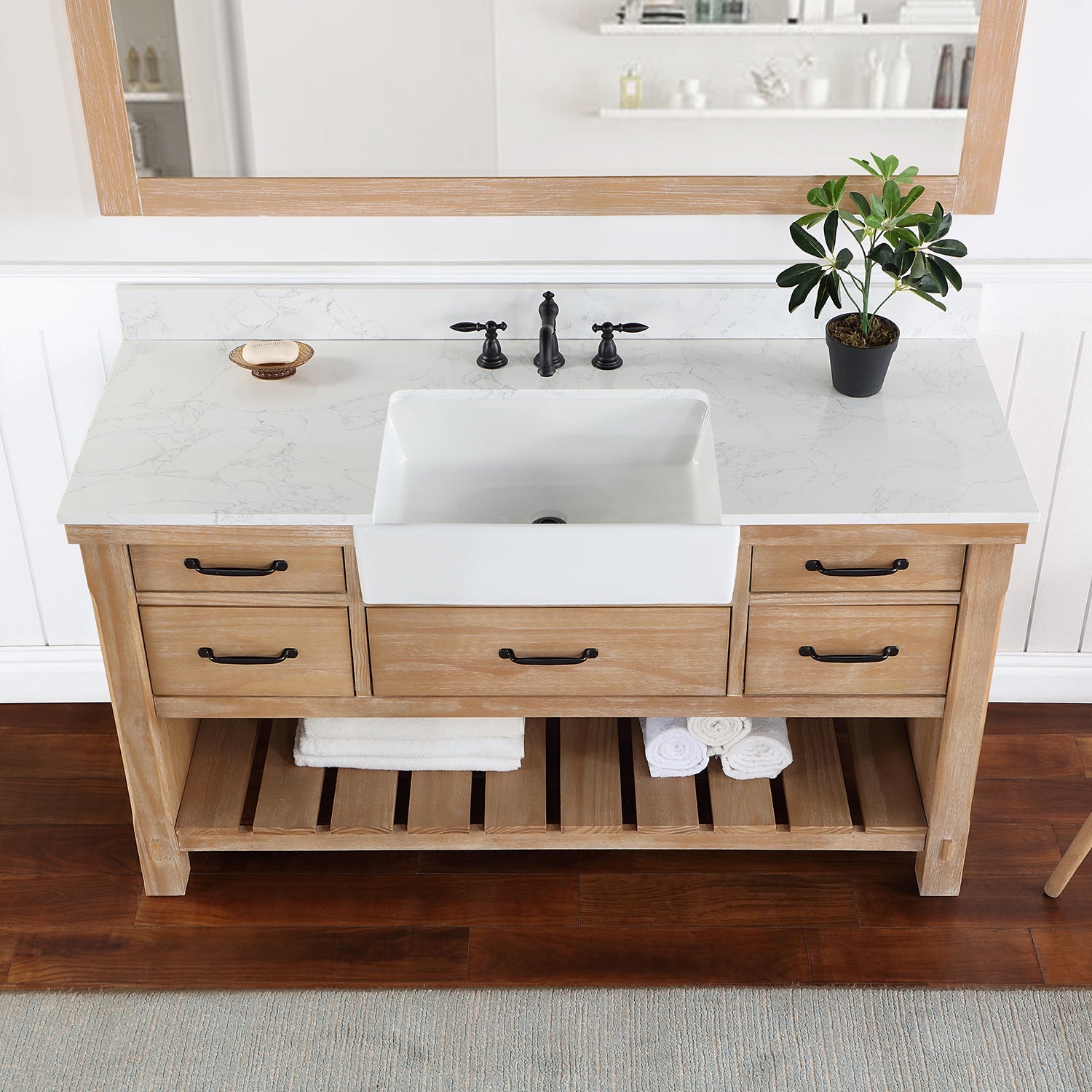 Vinnova Design Villareal 60" Single Vanity in Weathered Pine with Composite Stone Top in White, White Farmhouse Basin - New Star Living