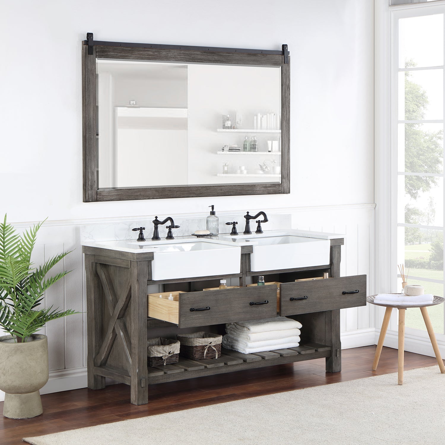 Vinnova Design Villareal 60" Double Vanity in Classical Grey with Composite Stone Top in White, White Farmhouse Basin - New Star Living
