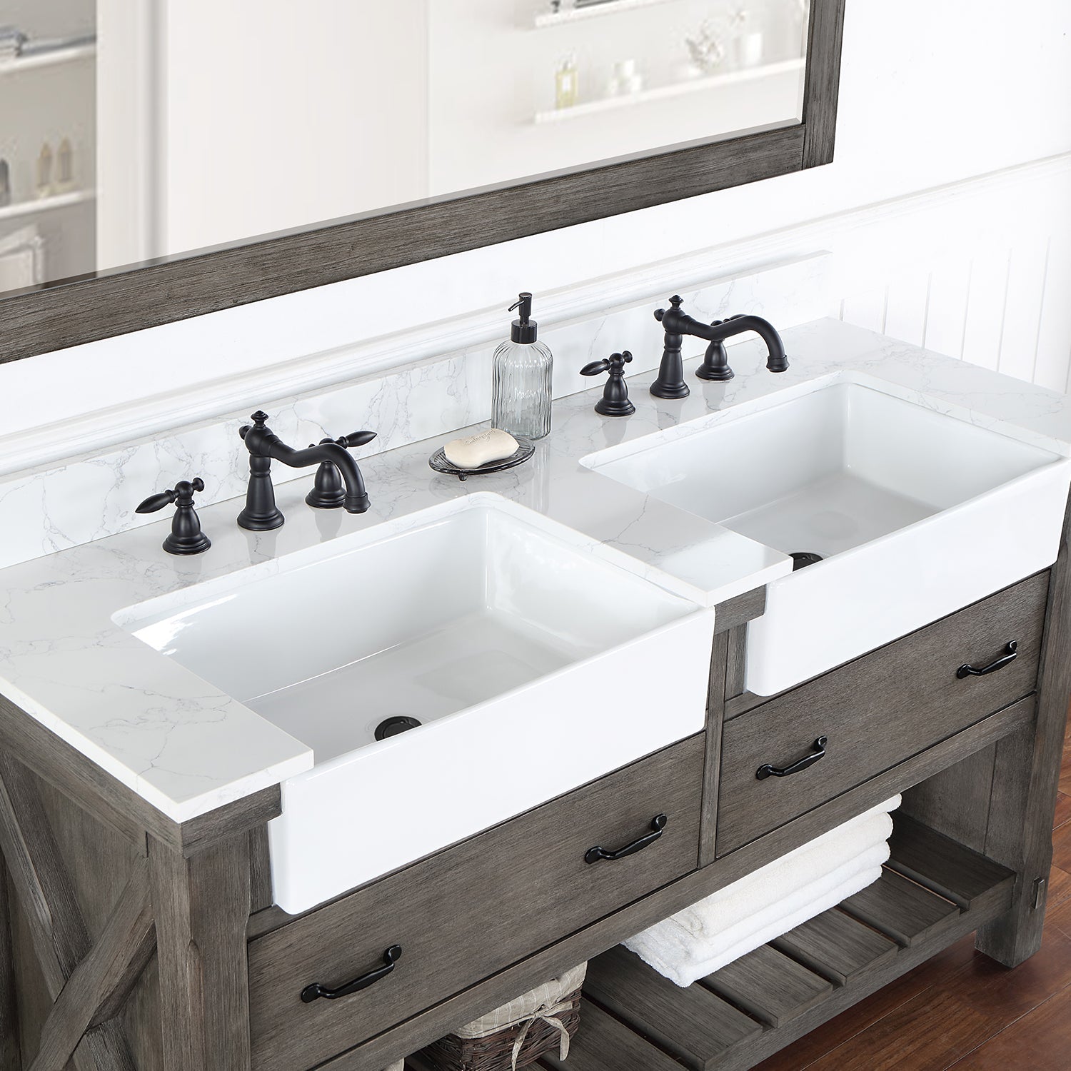 Vinnova Design Villareal 60" Double Vanity in Classical Grey with Composite Stone Top in White, White Farmhouse Basin - New Star Living