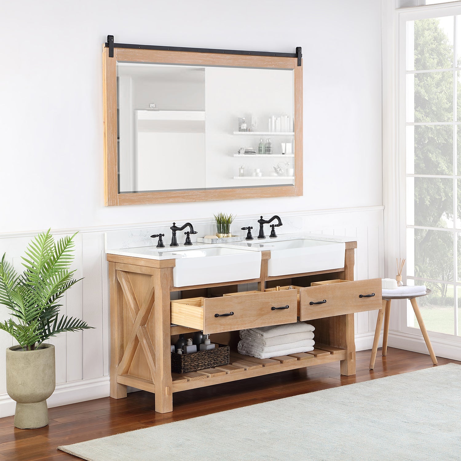 Vinnova Design Villareal 60" Double Vanity in Weathered Pine with Composite Stone Top in White, White Farmhouse Basin - New Star Living