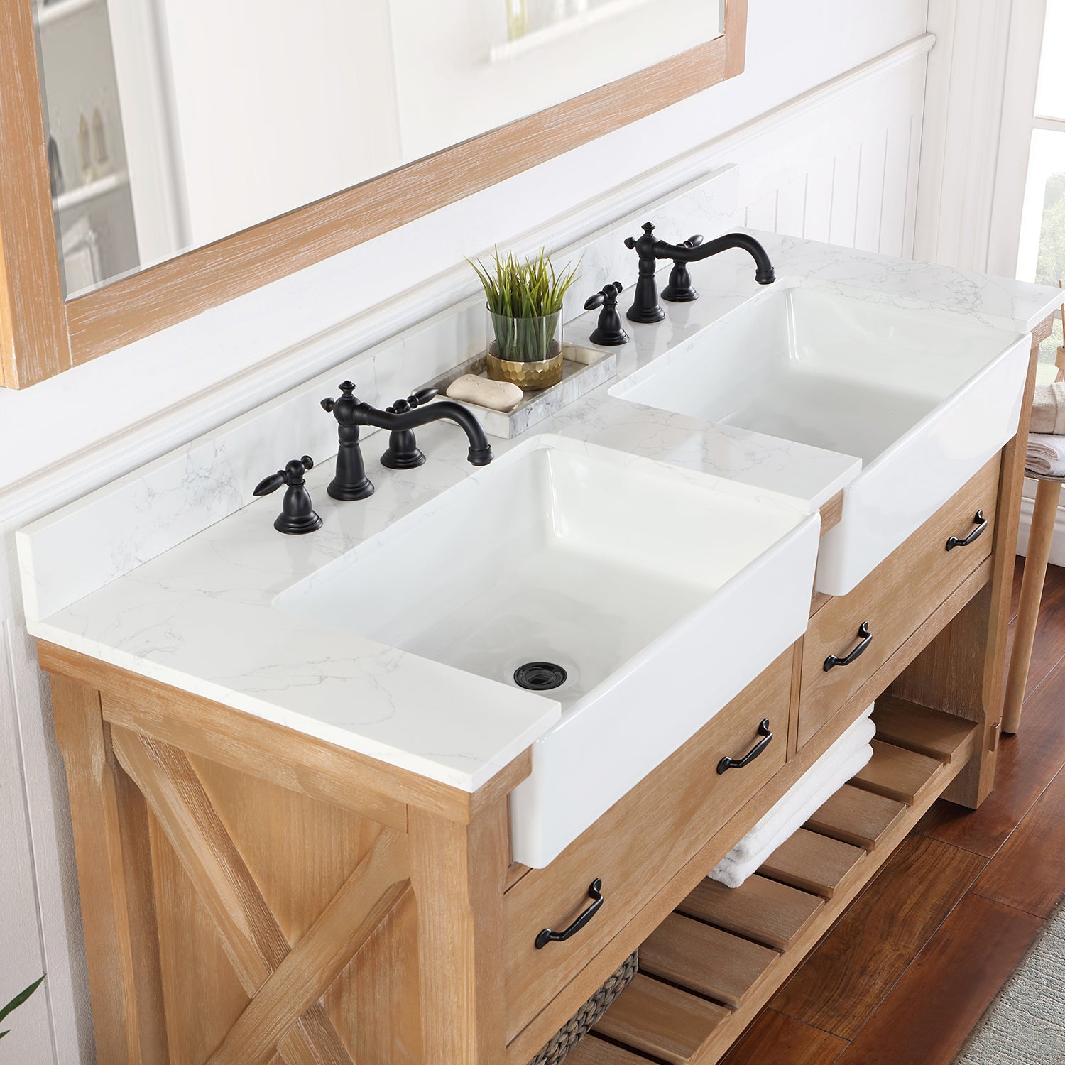 Vinnova Design Villareal 60" Double Vanity in Weathered Pine with Composite Stone Top in White, White Farmhouse Basin - New Star Living