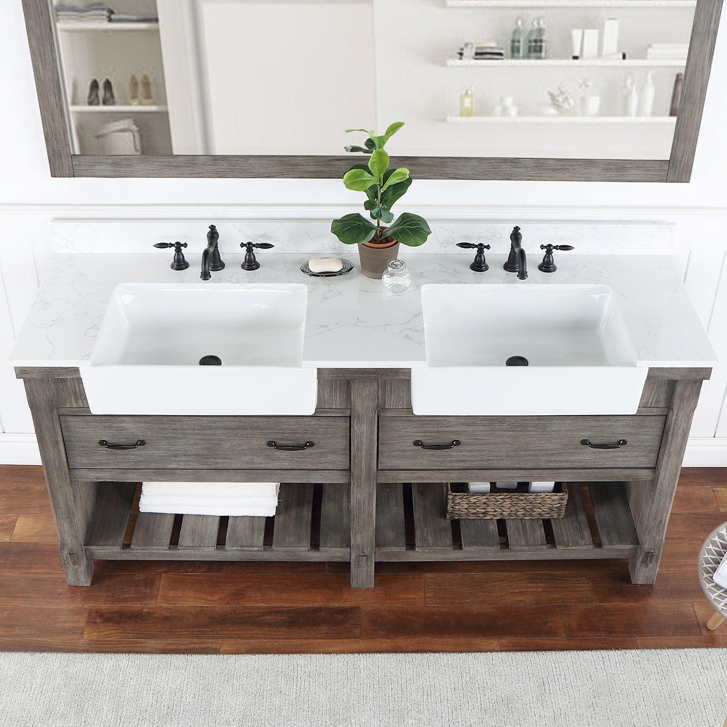 Vinnova Design Villareal 72" Double Vanity in Classical Grey with Composite Stone Top in White, White Farmhouse Basin - New Star Living