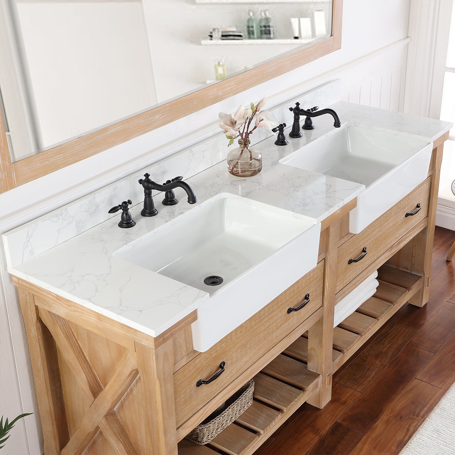 Vinnova Design Villareal 72" Double Vanity in Weathered Pine with Composite Stone Top in White, White Farmhouse Basin - New Star Living