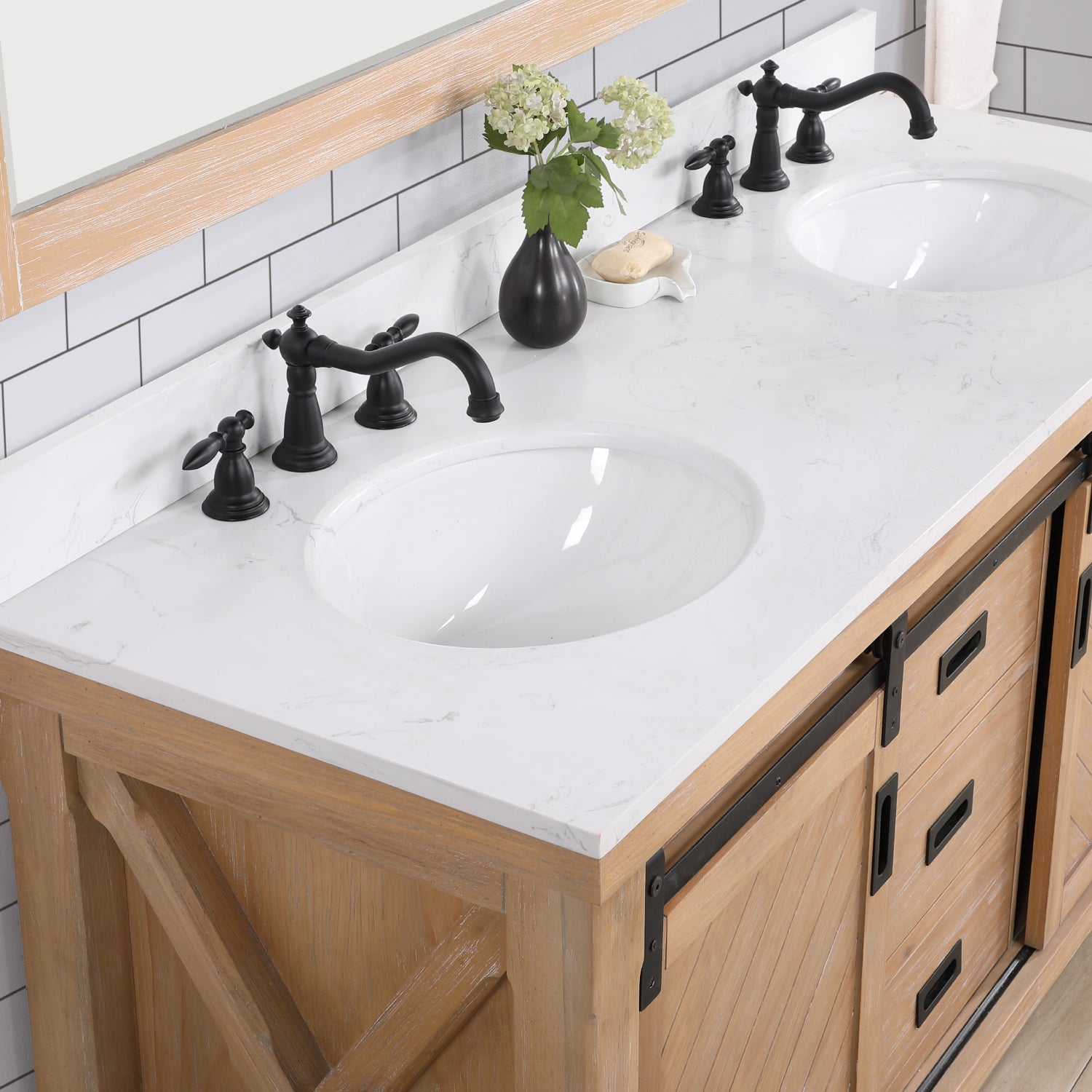 Vinnova Design Cortes 60" Double Sink Bath Vanity in Weathered Pine with White Composite Countertop - New Star Living