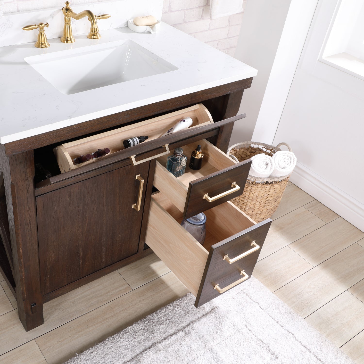 Vinnova Design Viella 36" Single Sink Bath Vanity in Deep Walnut with White Composite Countertop - New Star Living
