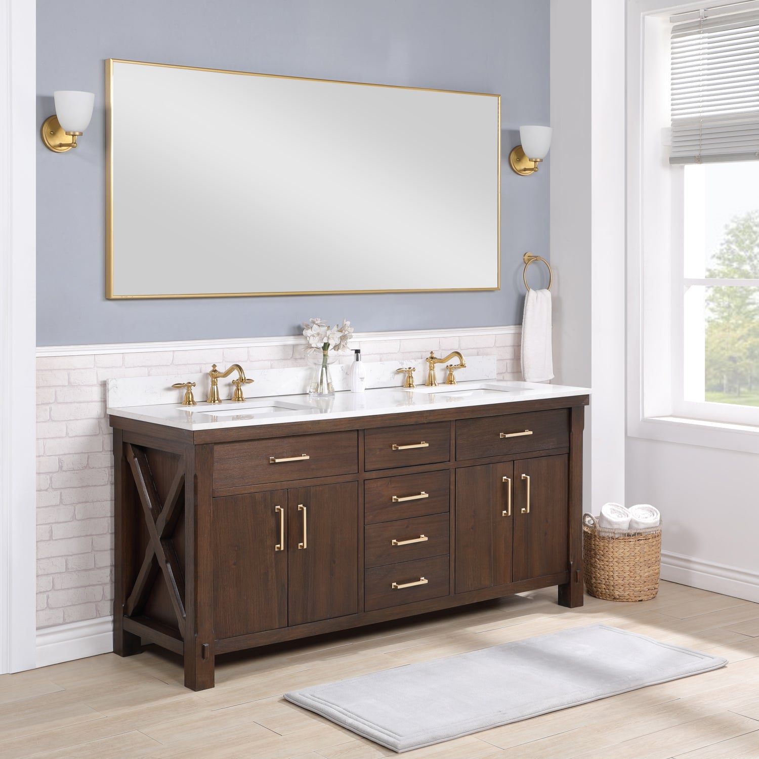 Vinnova Design Viella 72" Double Sink Bath Vanity in Deep Walnut with White Composite Countertop - New Star Living