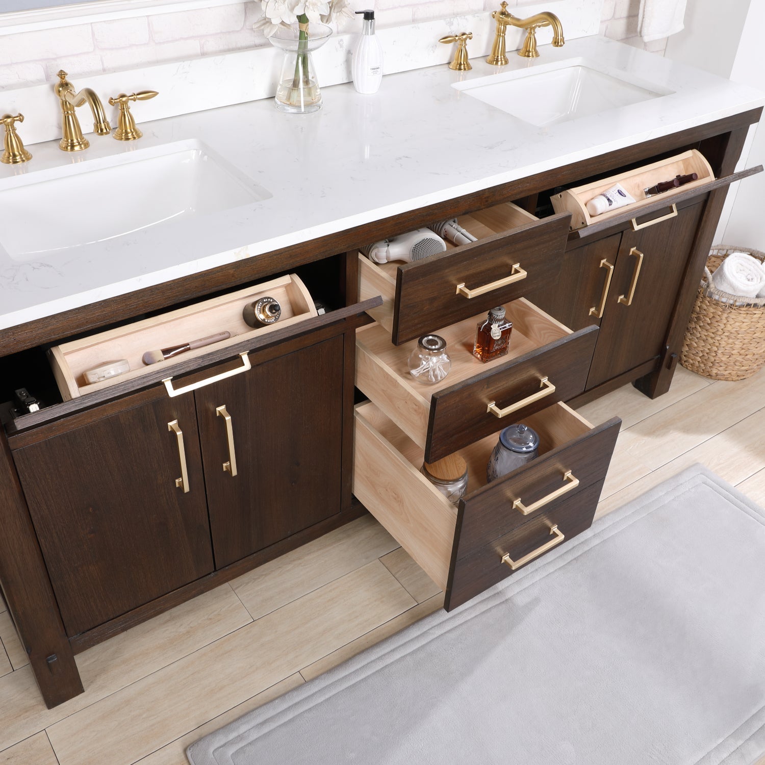 Vinnova Design Viella 72" Double Sink Bath Vanity in Deep Walnut with White Composite Countertop - New Star Living
