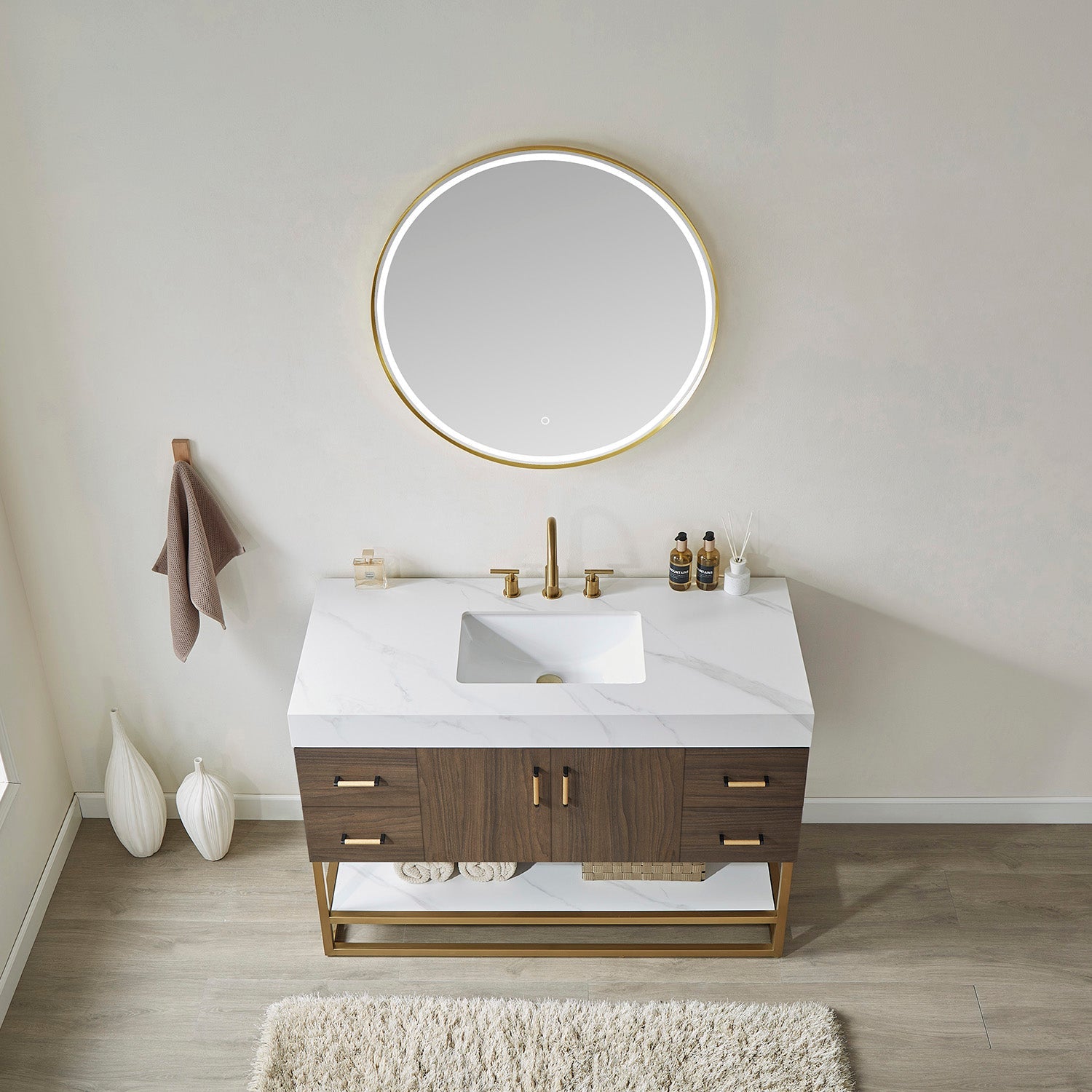 Vinnova Design Toledo 48" Single Sink Bath Vanity in Dark Walnut with White Sintered Stone Top - New Star Living