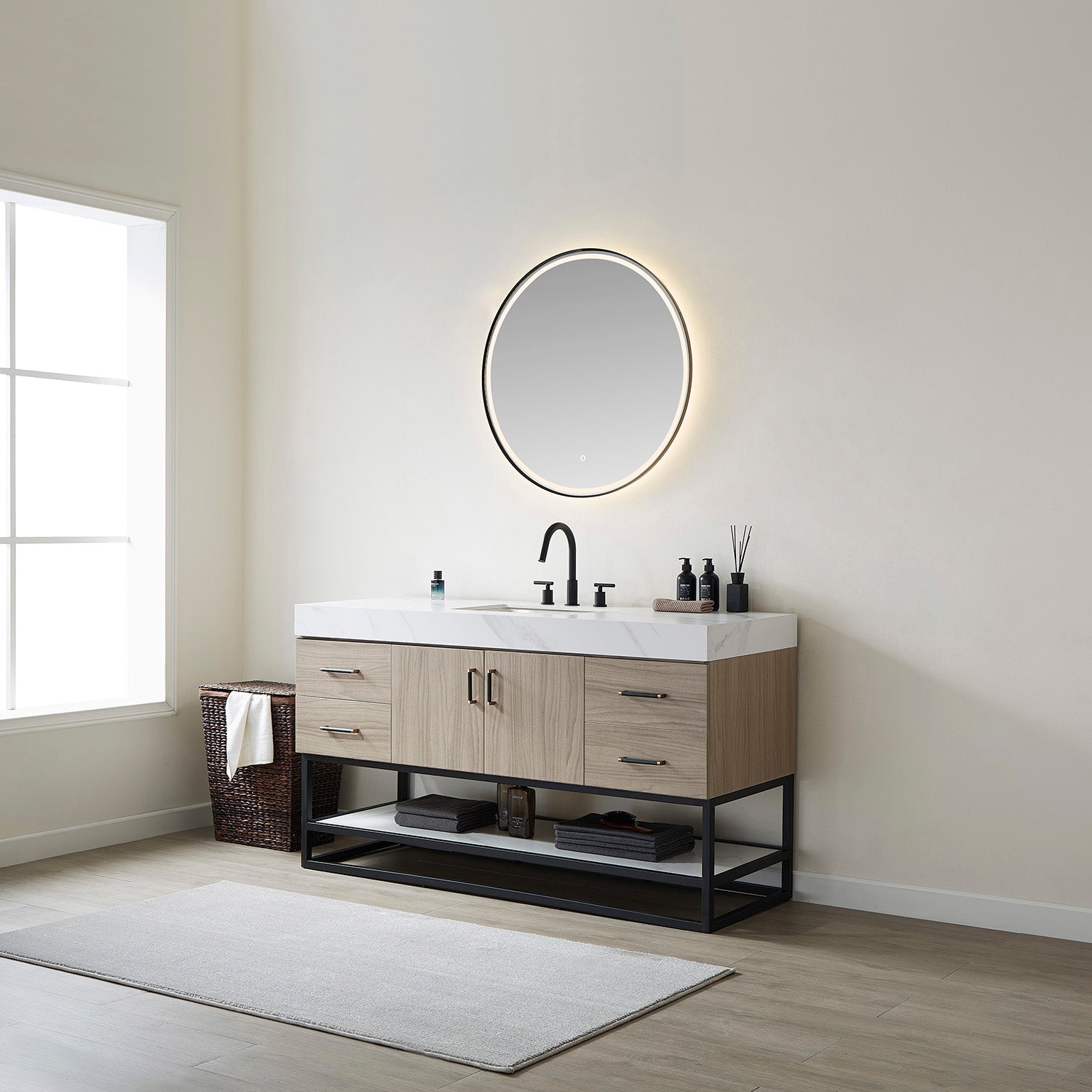 Vinnova Design Toledo 60" Single Sink Bath Vanity in Light Walnut with White Sintered Stone Top - New Star Living