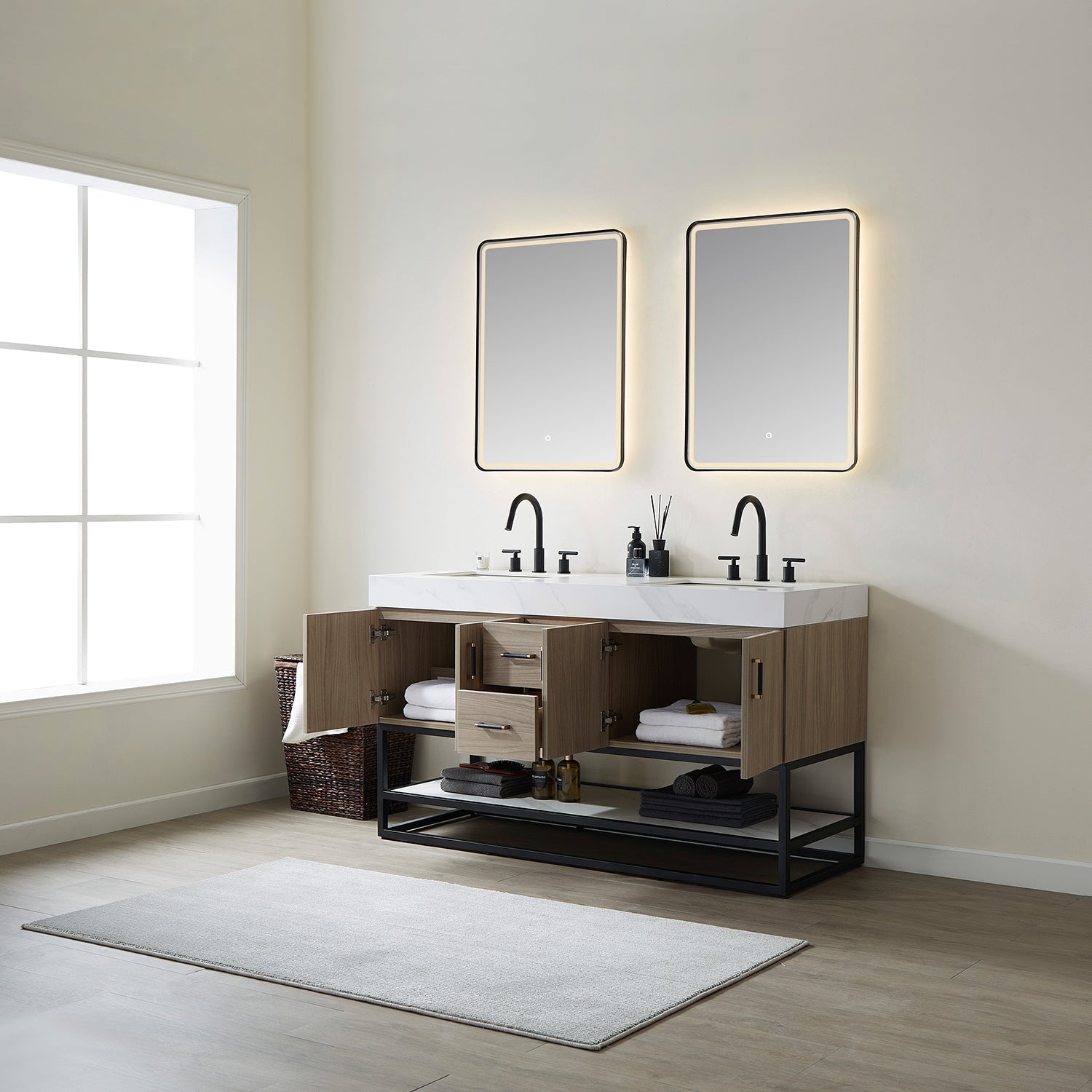 Vinnova Design Toledo 60" Double Sink Bath Vanity in Light Walnut with White Sintered Stone Top - New Star Living
