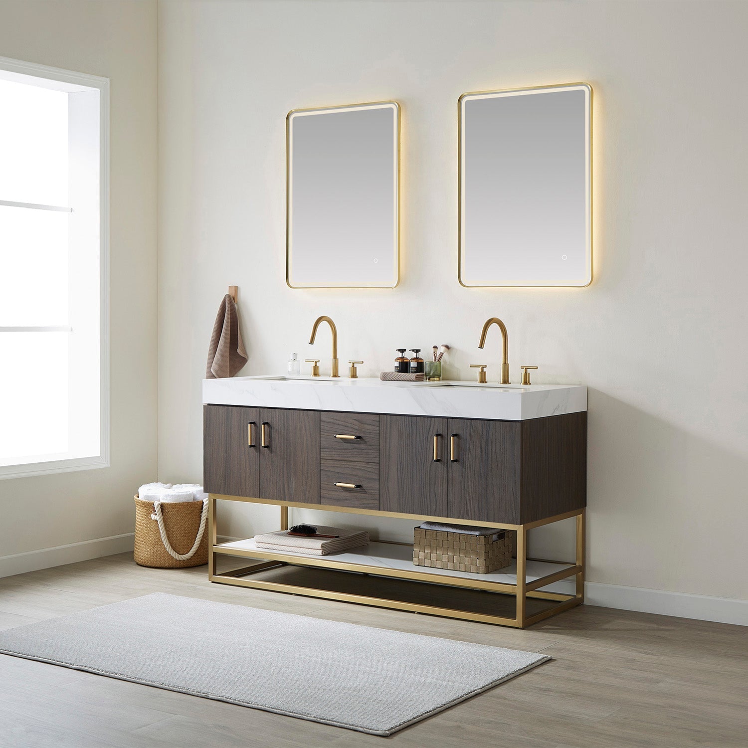 Vinnova Design Toledo 60" Double Sink Bath Vanity in Dark Walnut with White Sintered Stone Top - New Star Living