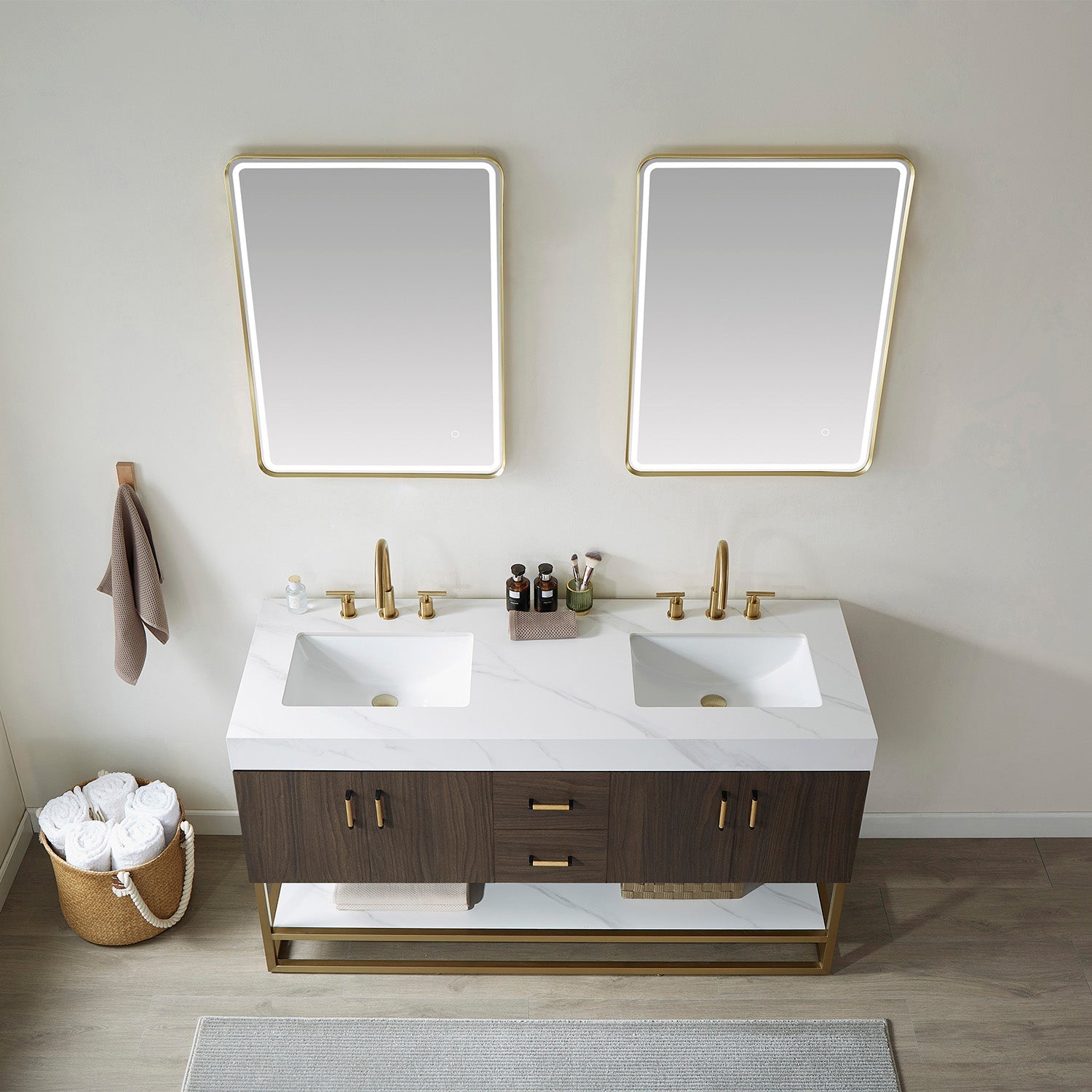 Vinnova Design Toledo 60" Double Sink Bath Vanity in Dark Walnut with White Sintered Stone Top - New Star Living