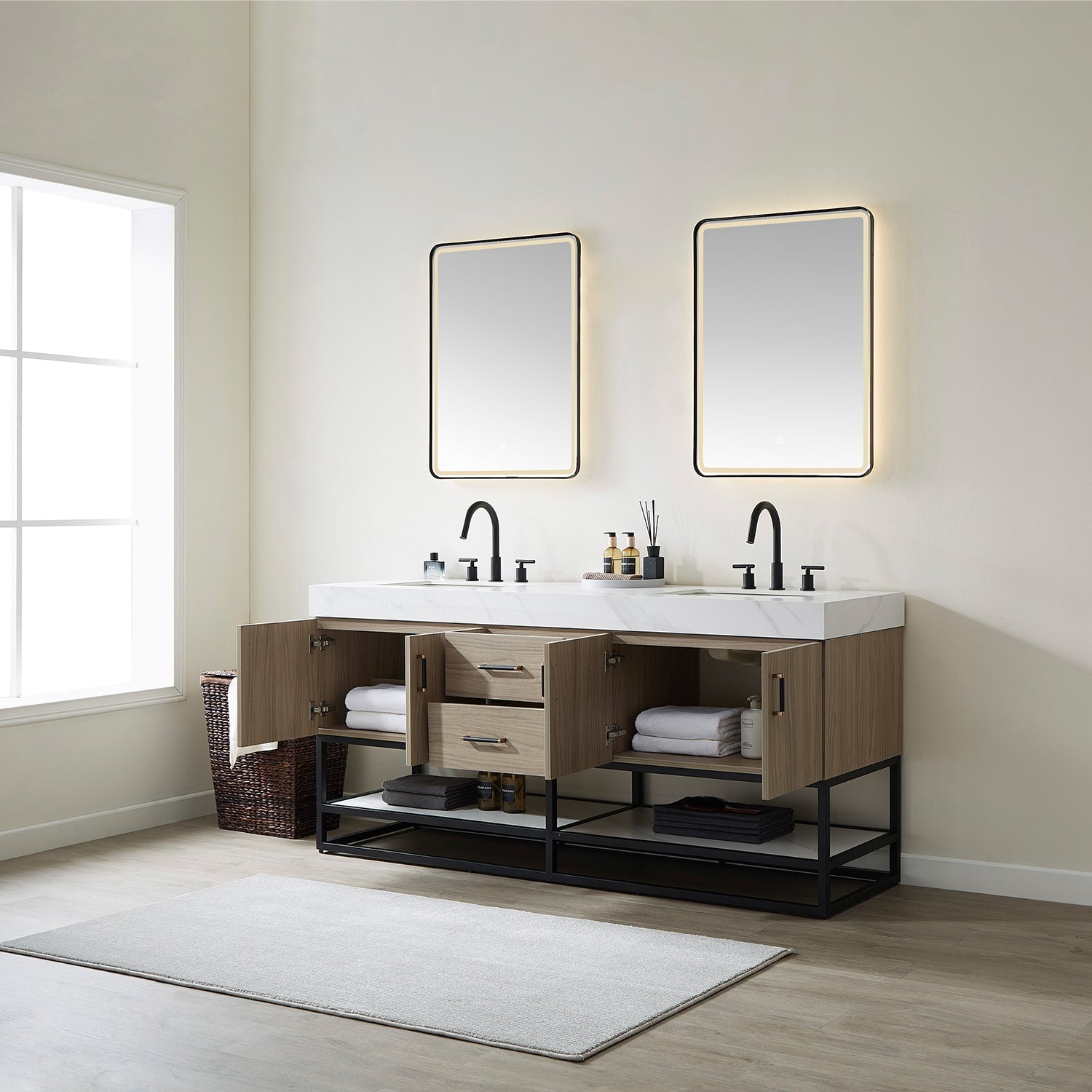 Vinnova Design Toledo 72" Double Sink Bath Vanity in Light Walnut with White Sintered Stone Top - New Star Living
