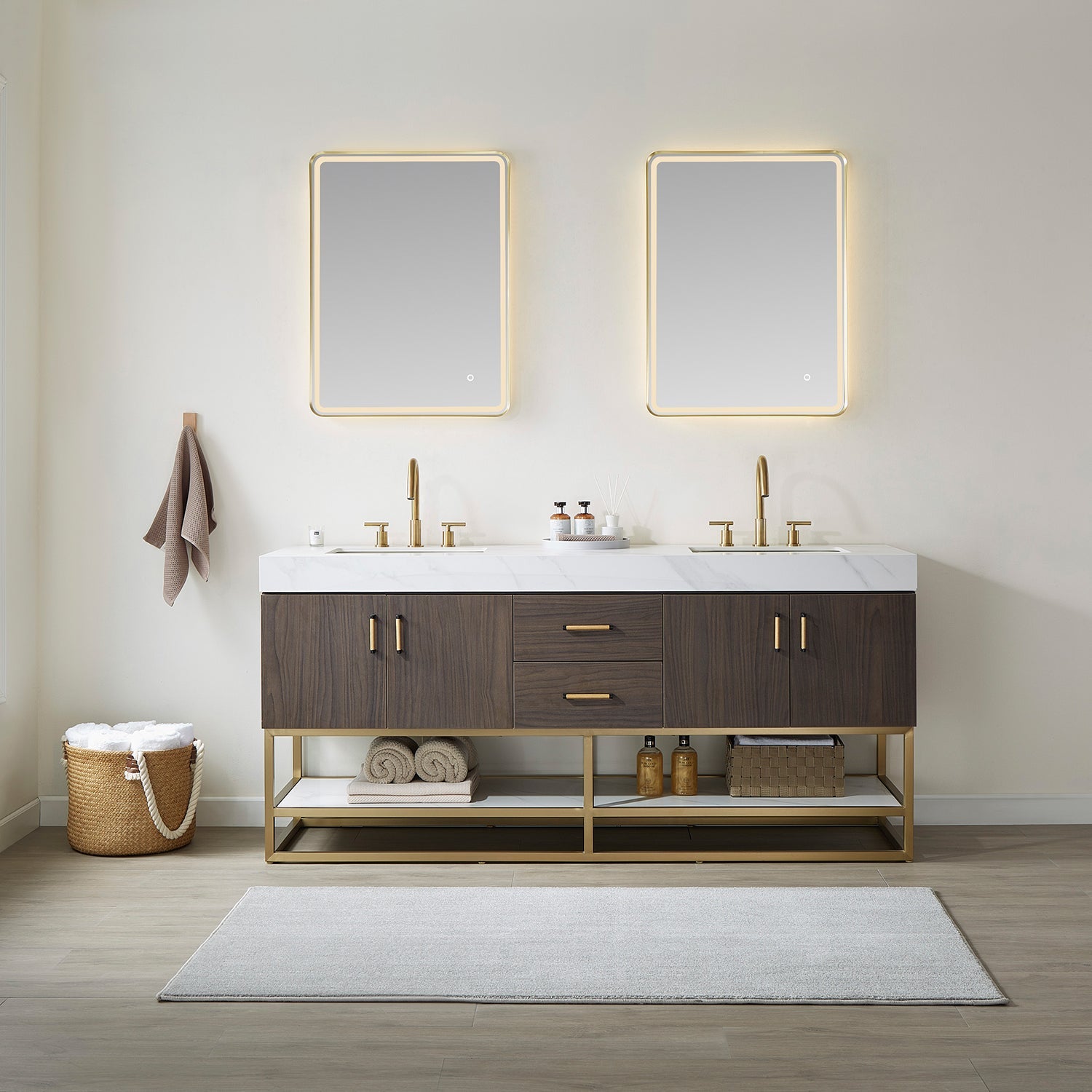 Vinnova Design Toledo 72" Double Sink Bath Vanity in Dark Walnut with White Sintered Stone Top - New Star Living