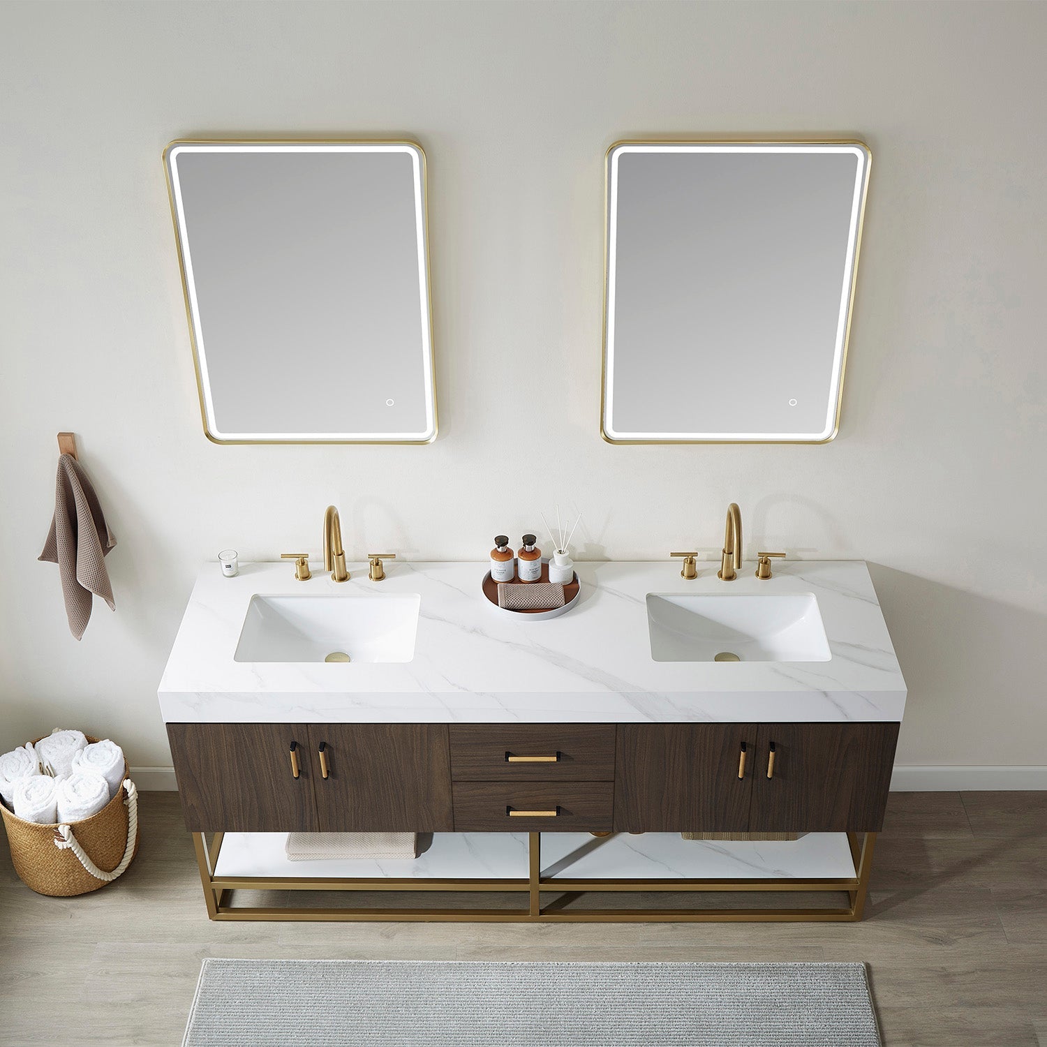Vinnova Design Toledo 72" Double Sink Bath Vanity in Dark Walnut with White Sintered Stone Top - New Star Living