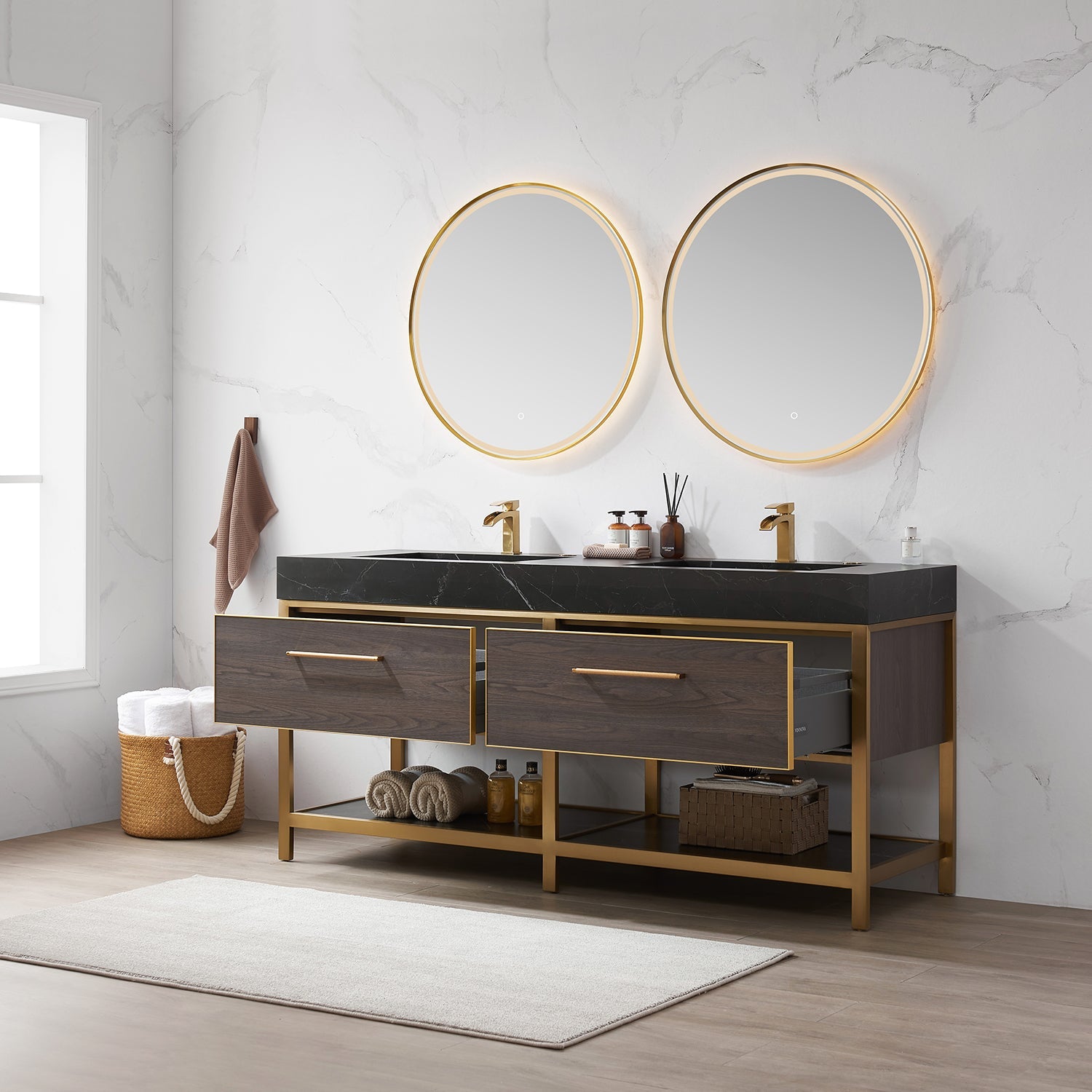 Vinnova Design Segovia 72" Double Sink Bath Vanity in Suleiman Oak with Black Sintered Stone Top - New Star Living