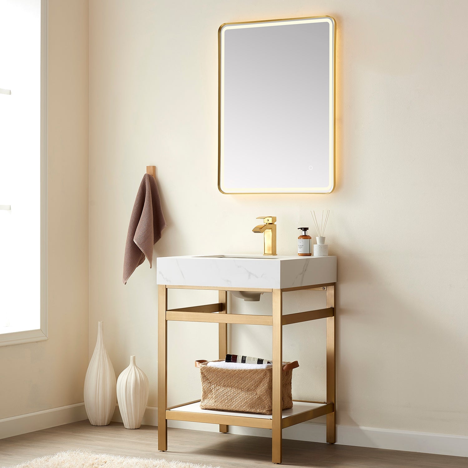 Vinnova Design Funes 24" Single Sink Bath Vanity in Brushed Gold Metal Support with White Sintered Stone Top - New Star Living