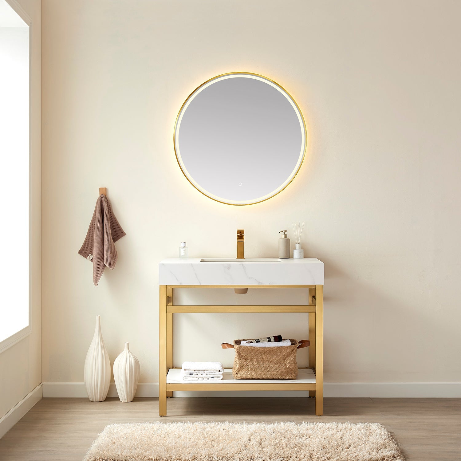 Vinnova Design Funes 36" Single Sink Bath Vanity in Brushed Gold Metal Support with White Sintered Stone Top - New Star Living