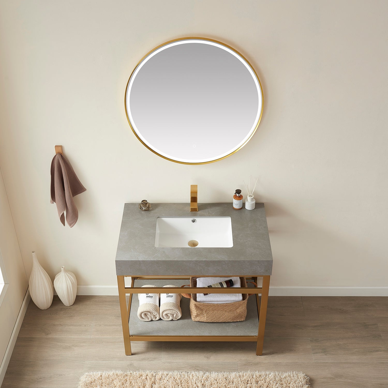 Vinnova Design Funes 36" Single Sink Bath Vanity in Brushed Gold Metal Support with Grey Sintered Stone Top - New Star Living