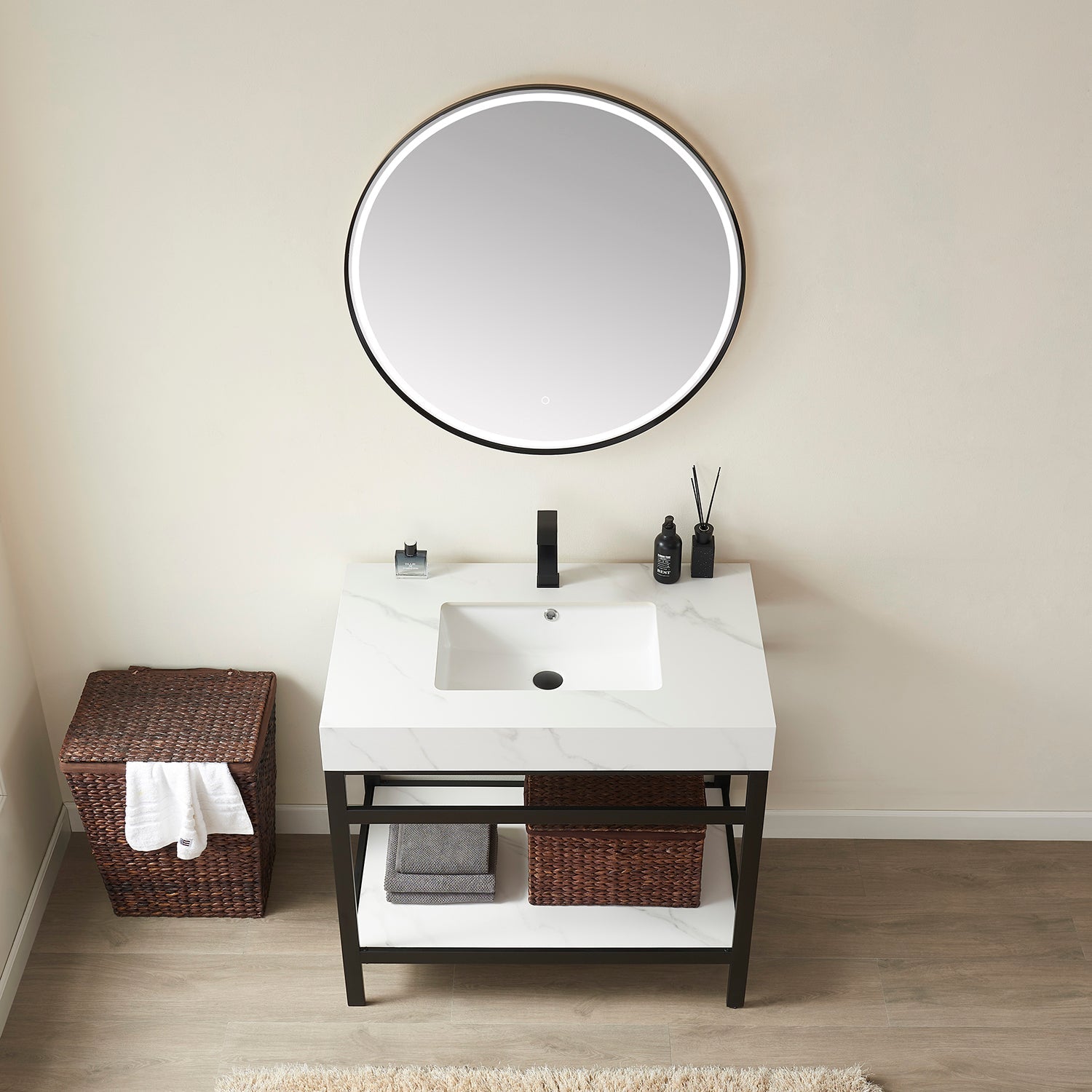 Vinnova Design Funes 36" Single Sink Bath Vanity in Matte Black Metal Support with White Sintered Stone Top - New Star Living