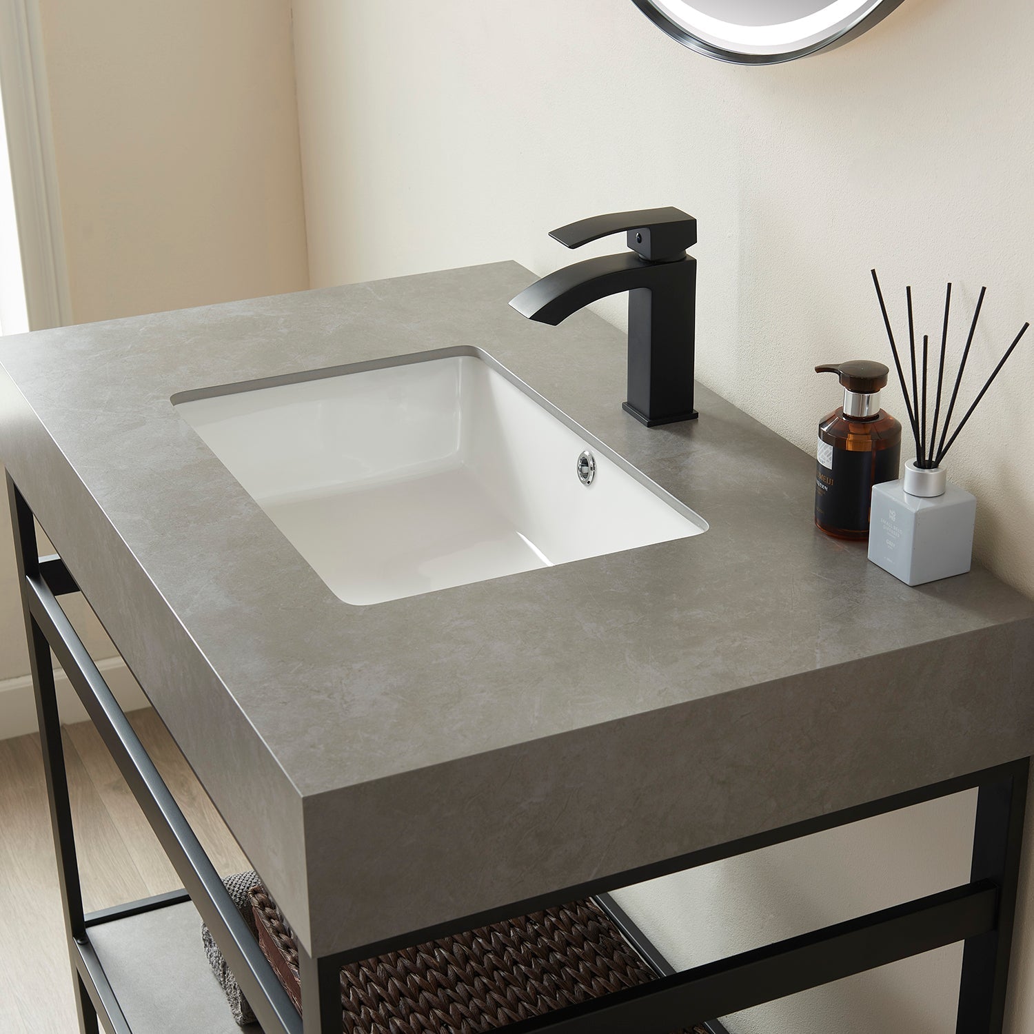 Vinnova Design Funes 36" Single Sink Bath Vanity in Matte Black Metal Support with Grey Sintered Stone Top - New Star Living