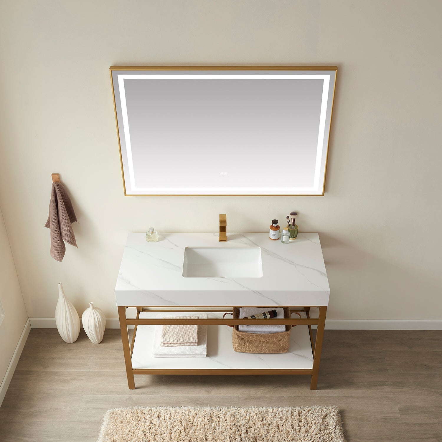 Vinnova Design Funes 60" Single Sink Bath Vanity in Brushed Gold Metal Support with White Sintered Stone Top - New Star Living