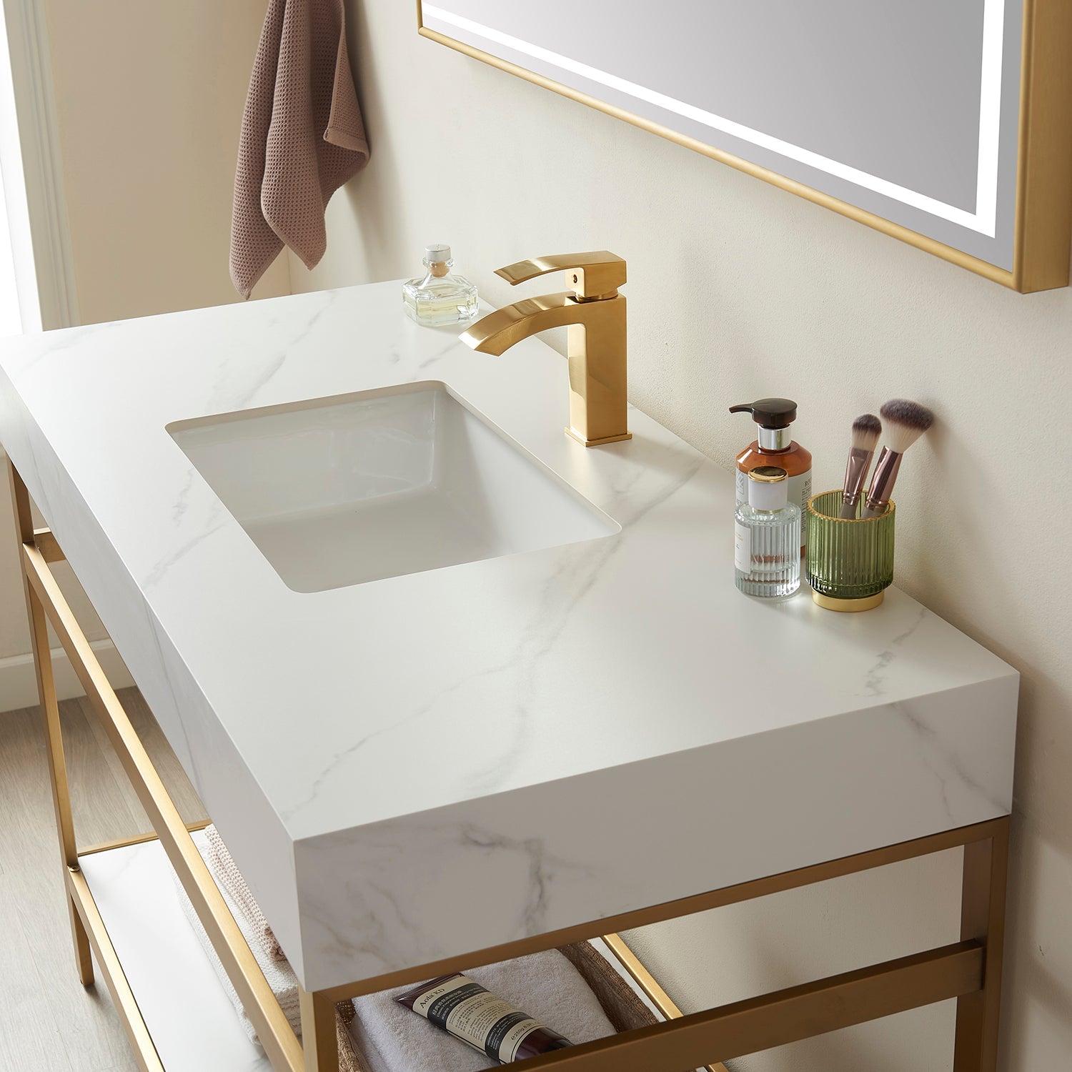 Vinnova Design Funes 60" Single Sink Bath Vanity in Brushed Gold Metal Support with White Sintered Stone Top - New Star Living