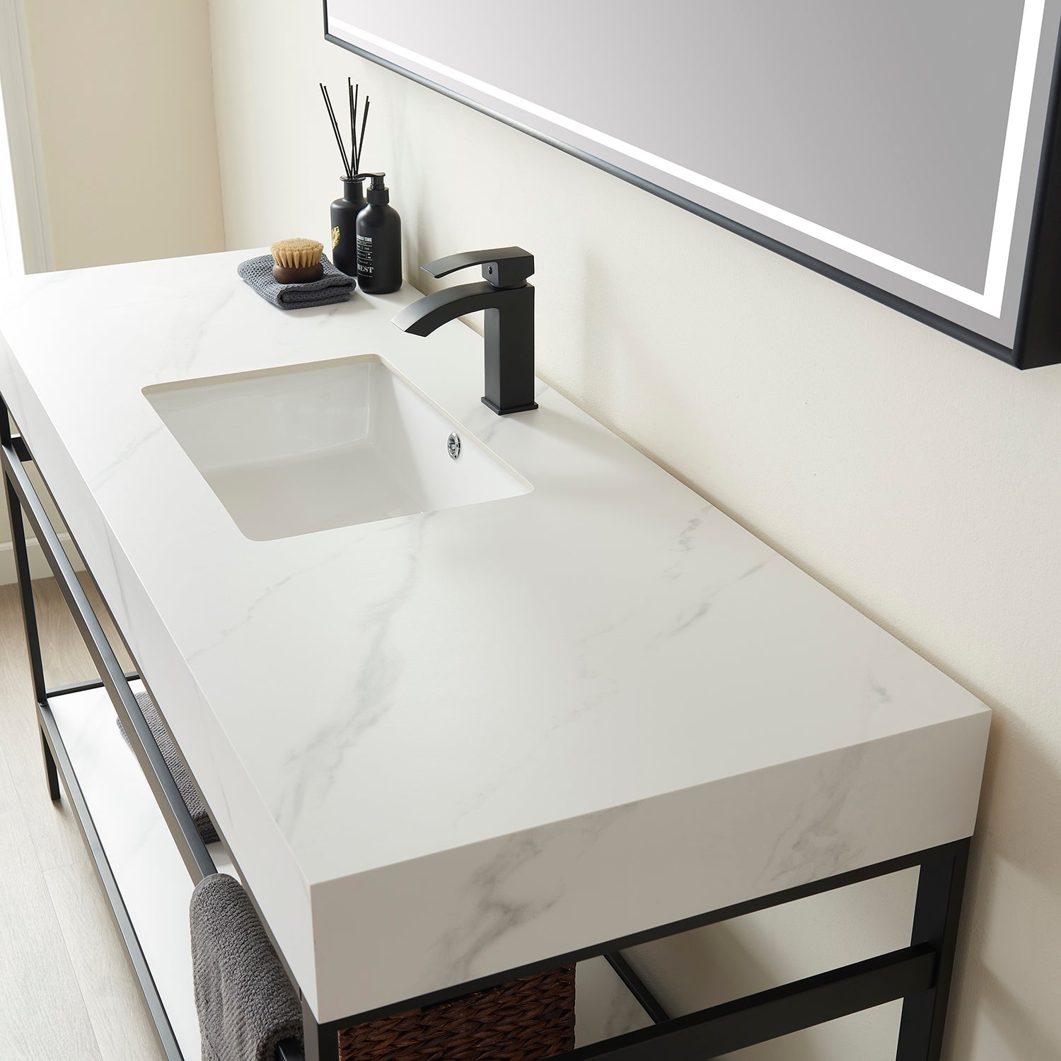 Vinnova Design Funes 60" Single Sink Bath Vanity in Matte Black Metal Support with White Sintered Stone Top - New Star Living