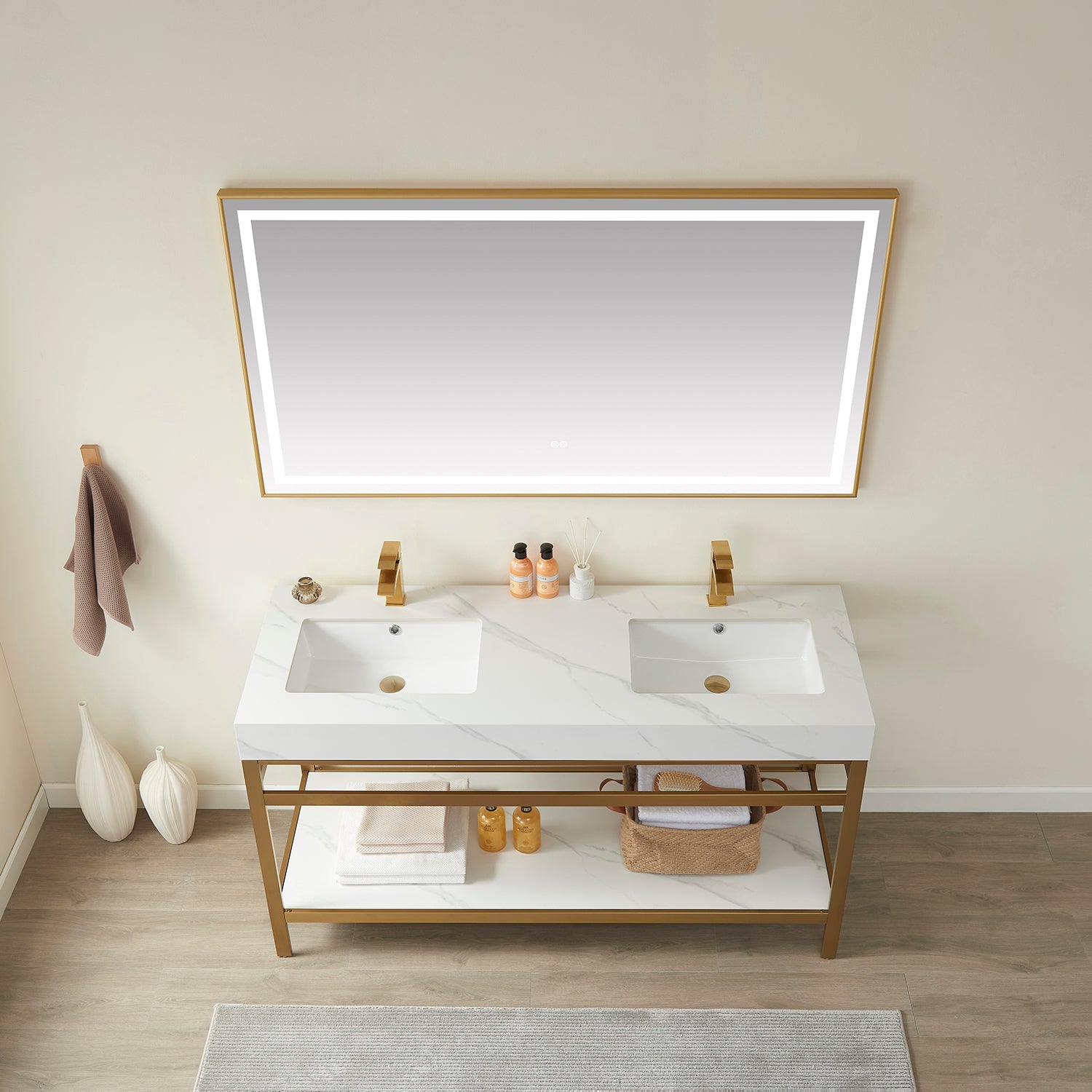 Vinnova Design Funes 60M" Double Sink Bath Vanity in Brushed Gold Metal Support with White Sintered Stone Top - New Star Living