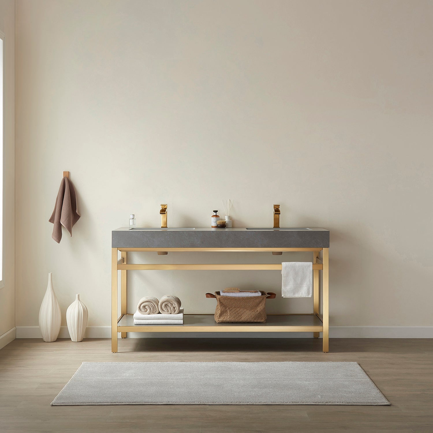Vinnova Design Funes 60M" Double Sink Bath Vanity in Brushed Gold Metal Support with Grey Sintered Stone Top - New Star Living