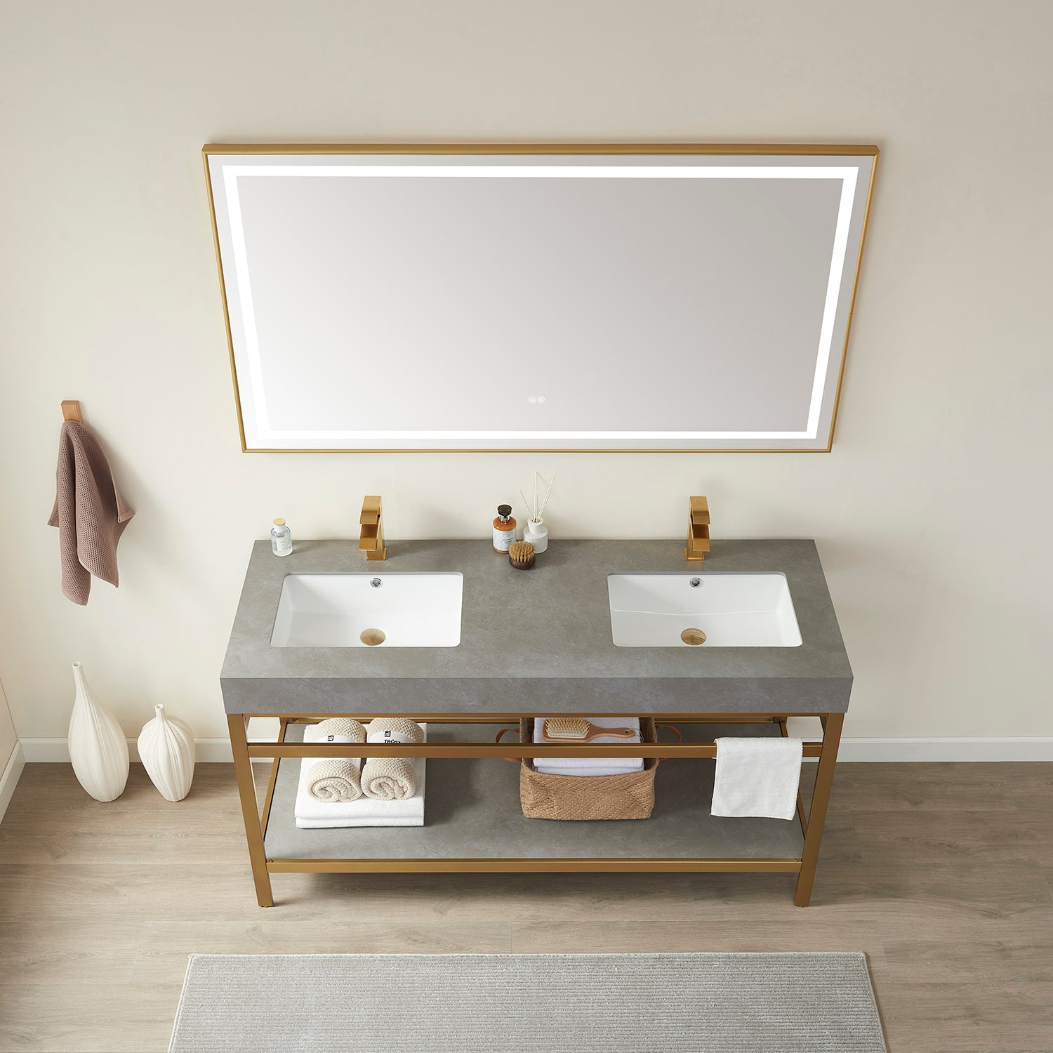 Vinnova Design Funes 60M" Double Sink Bath Vanity in Brushed Gold Metal Support with Grey Sintered Stone Top - New Star Living
