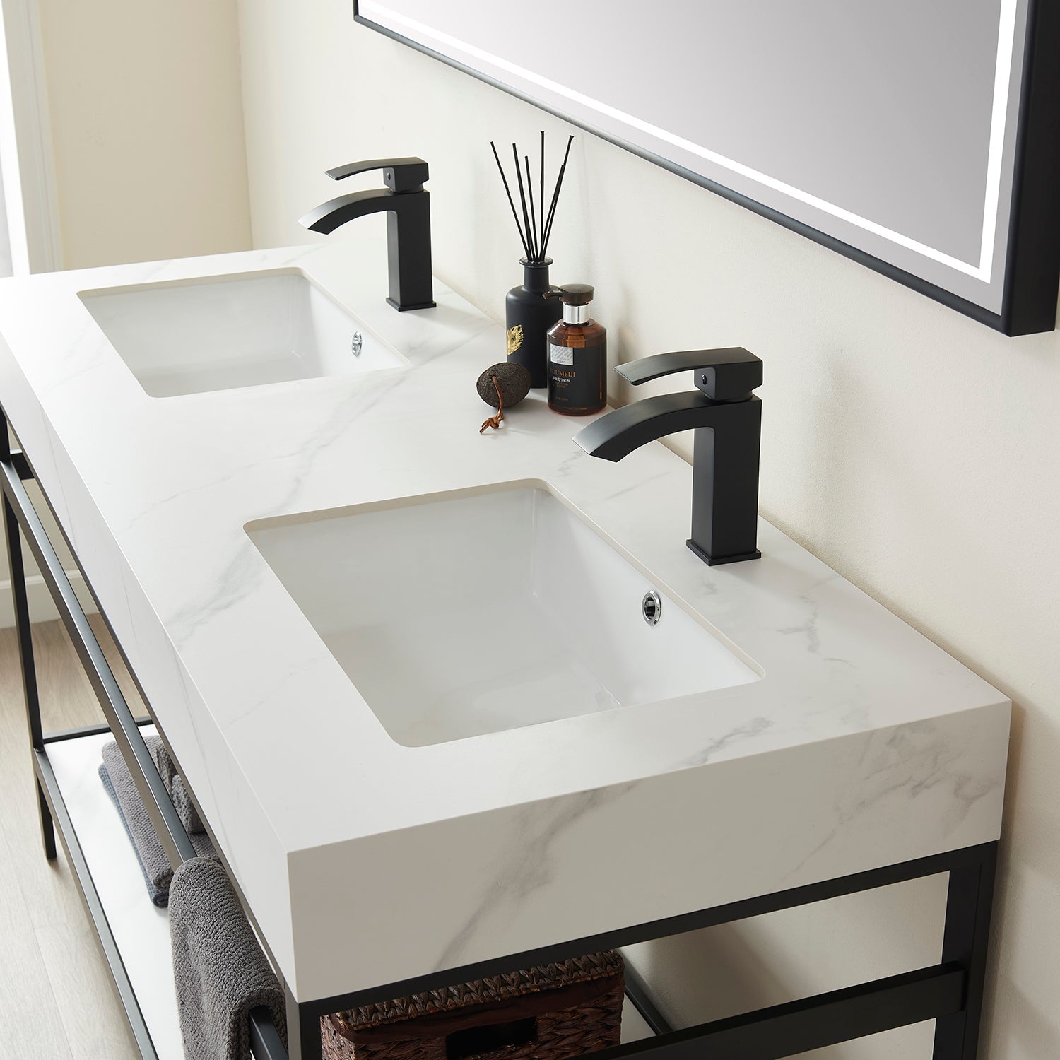 Vinnova Design Funes 60M" Double Sink Bath Vanity in Matte Black Metal Support with White Sintered Stone Top - New Star Living
