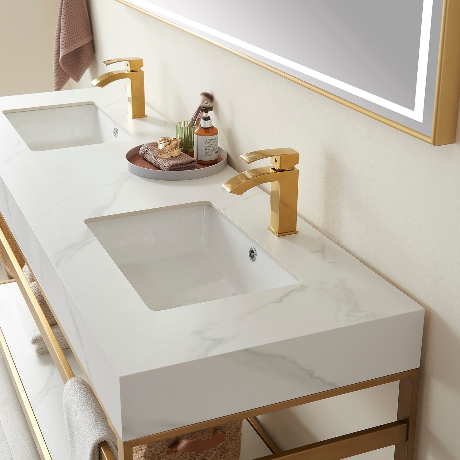 Vinnova Design Funes 72" Double Sink Bath Vanity in Brushed Gold Metal Support with White Sintered Stone Top - New Star Living