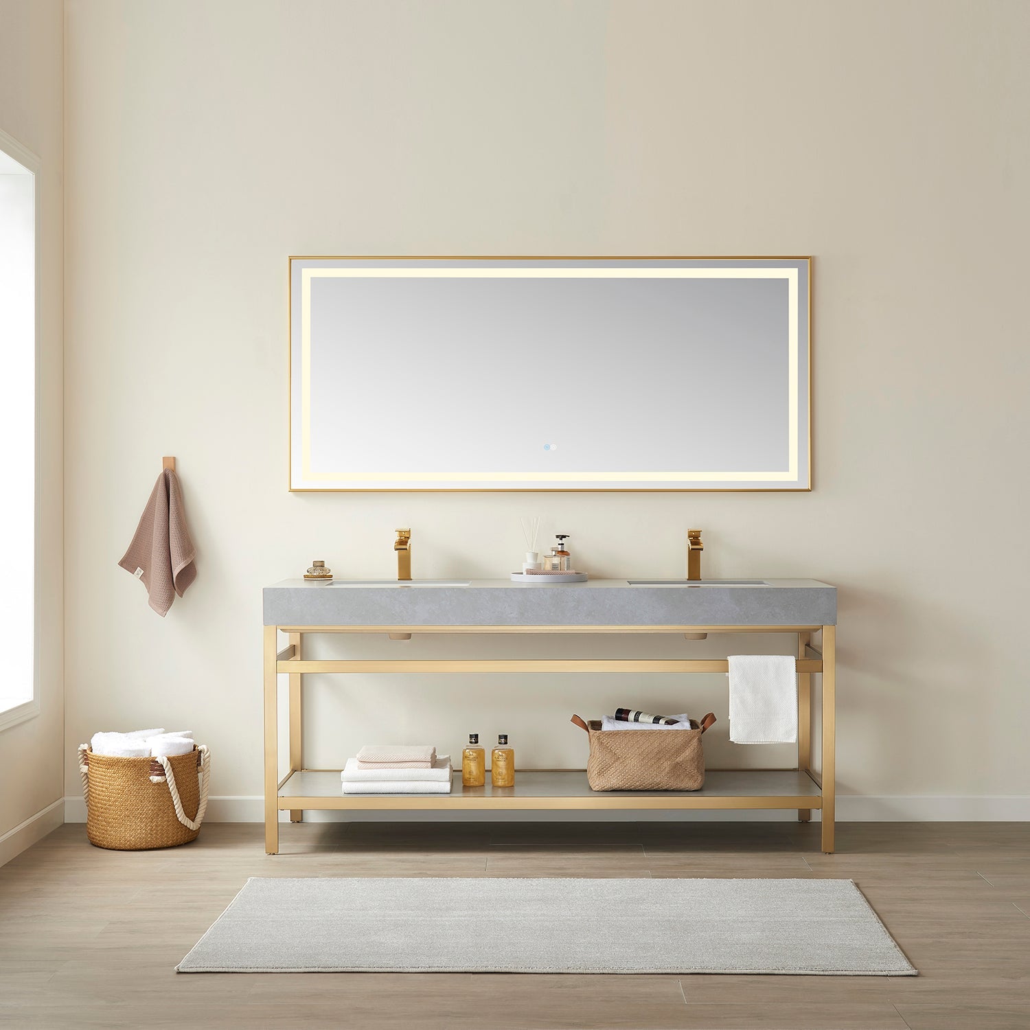 Vinnova Design Funes 72" Double Sink Bath Vanity in Brushed Gold Metal Support with Grey Sintered Stone Top - New Star Living