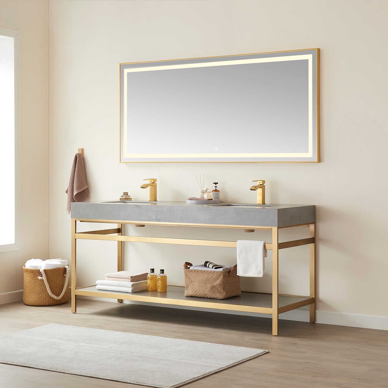 Vinnova Design Funes 72" Double Sink Bath Vanity in Brushed Gold Metal Support with Grey Sintered Stone Top - New Star Living