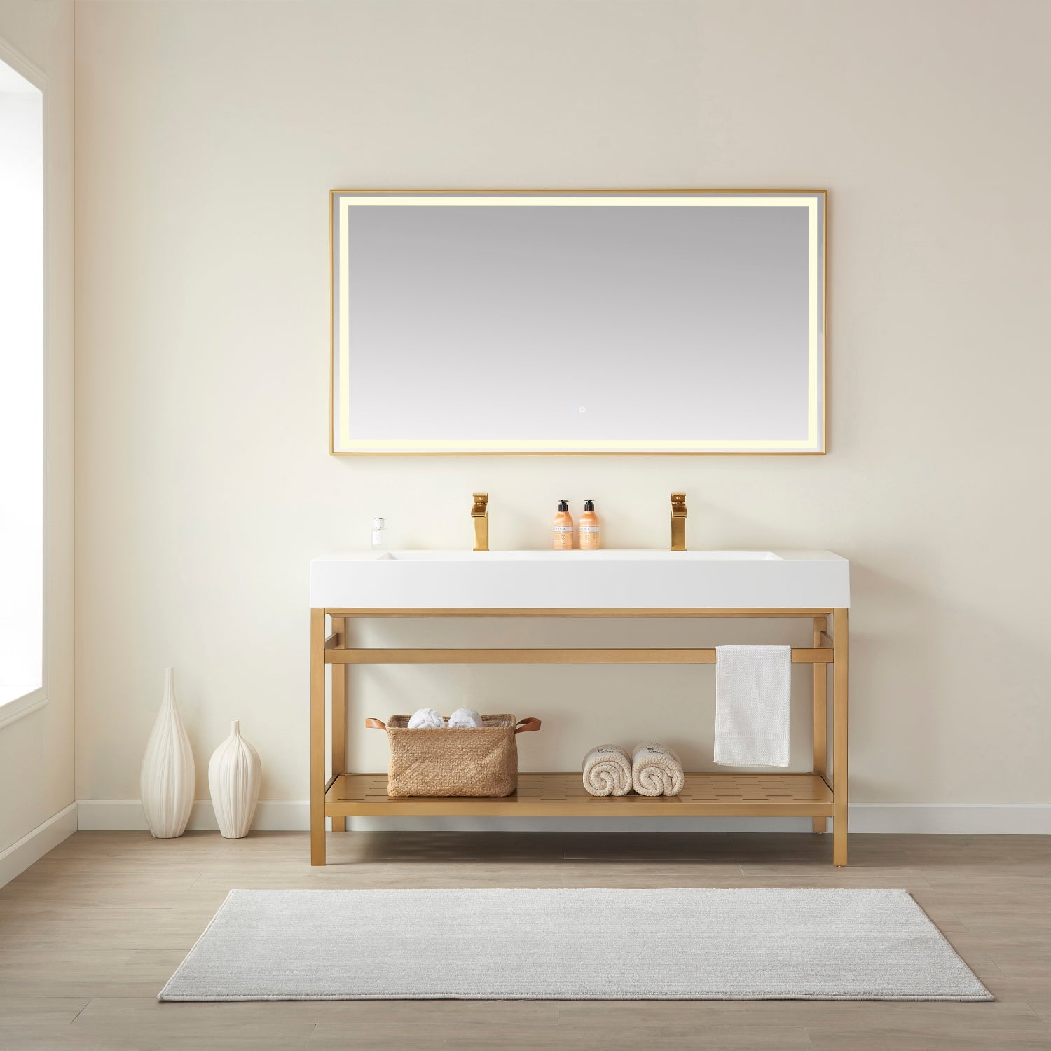 Vinnova Design Soria Single Sink Bathroom Vanity in Brushed Gold Metal Support with White One Piece Composite Stone Sink Top - New Star Living