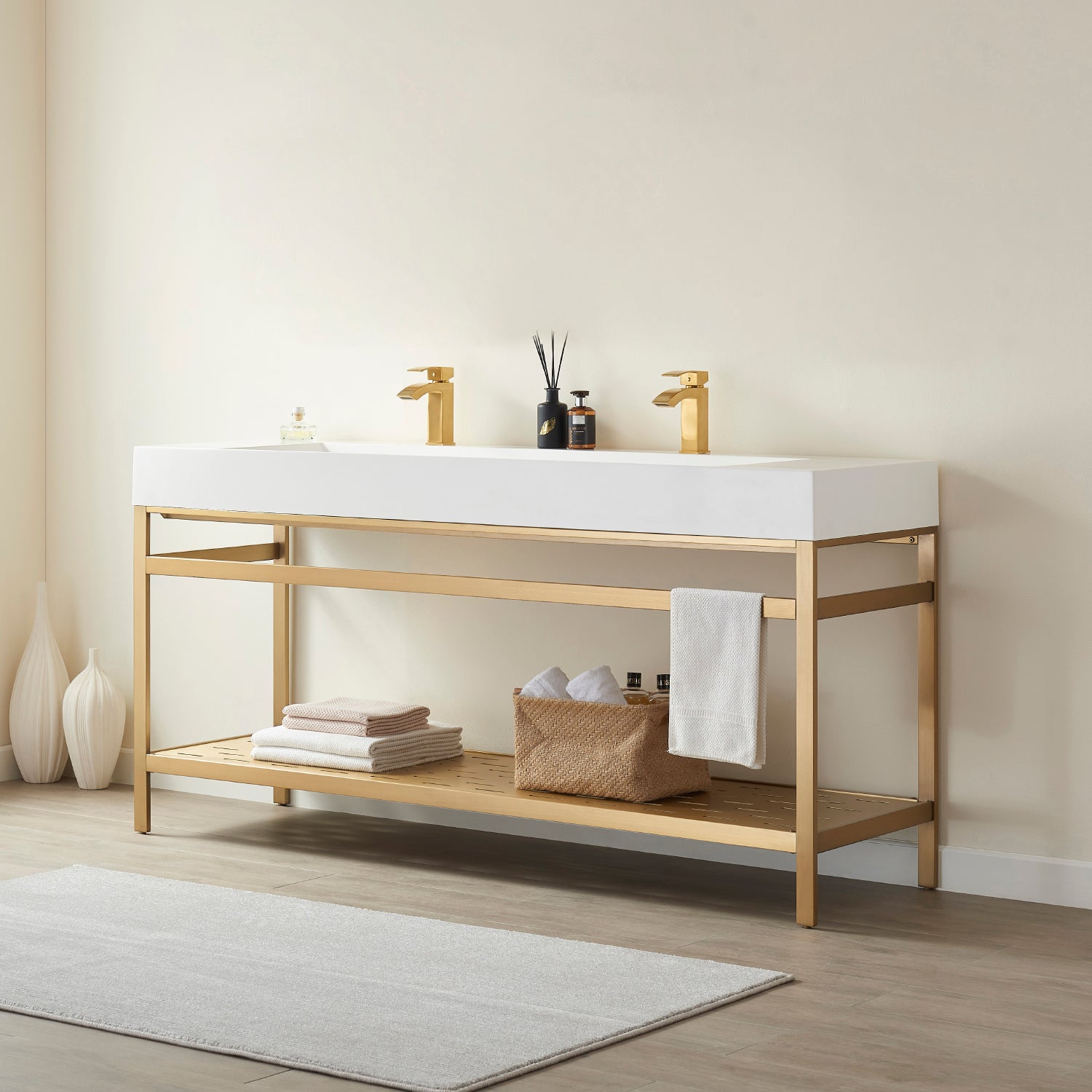 Vinnova Soria Single Sink Bathroom Vanity in Brushed Gold Metal Support with White One-Piece Composite Stone Sink Top