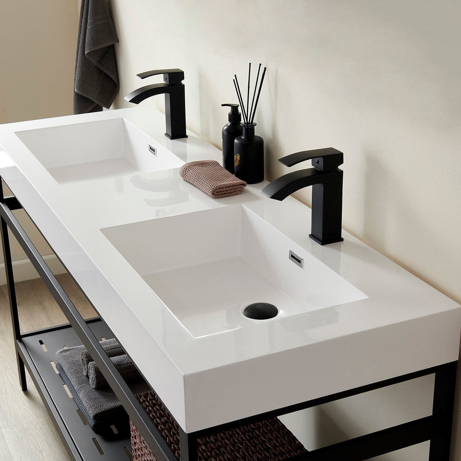Vinnova Design Ablitas Double Sink Bathroom Vanity with Metal Support and White Composite Stone Sink Top - New Star Living