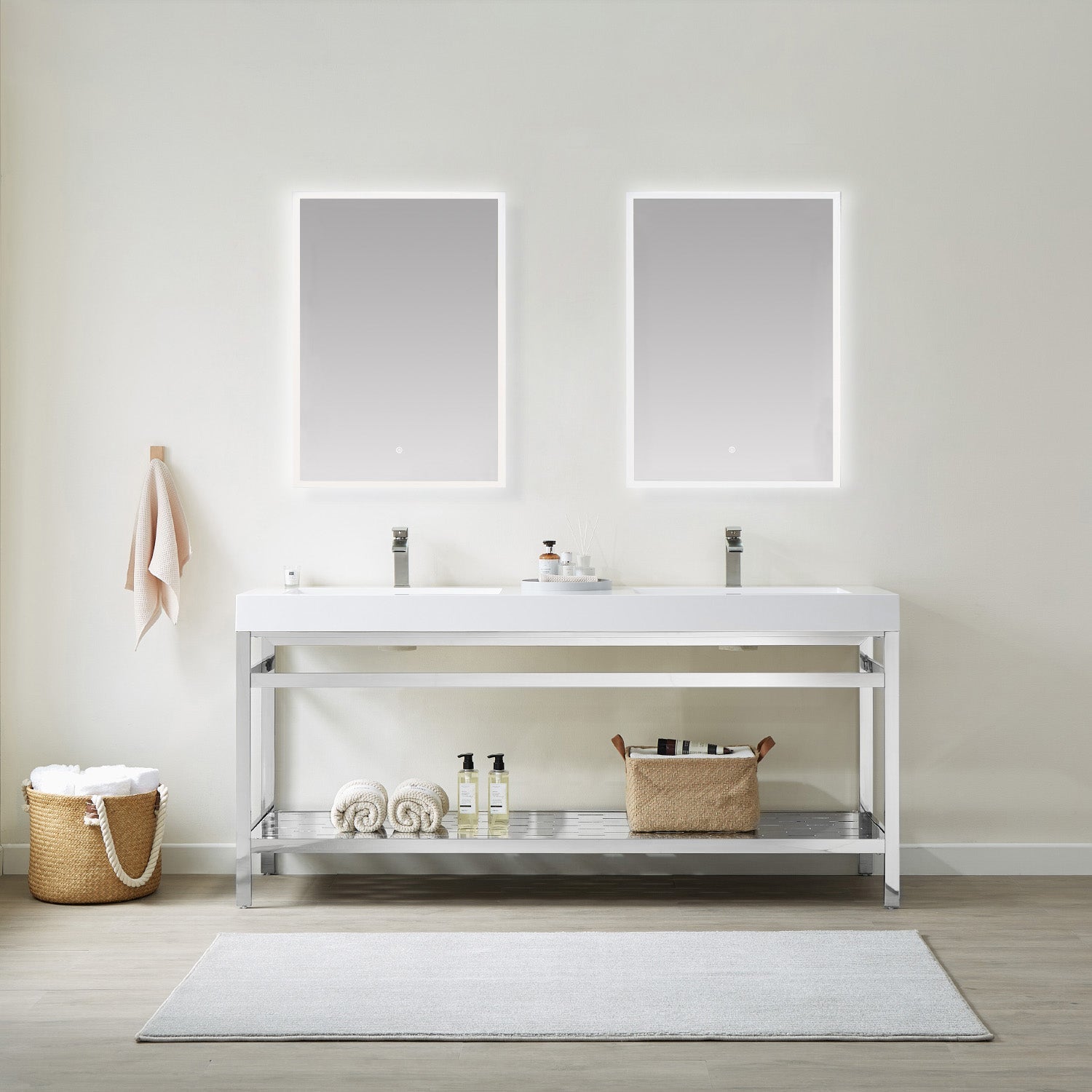 Vinnova Design Ablitas Double Sink Bathroom Vanity with Metal Support and White Composite Stone Sink Top - New Star Living