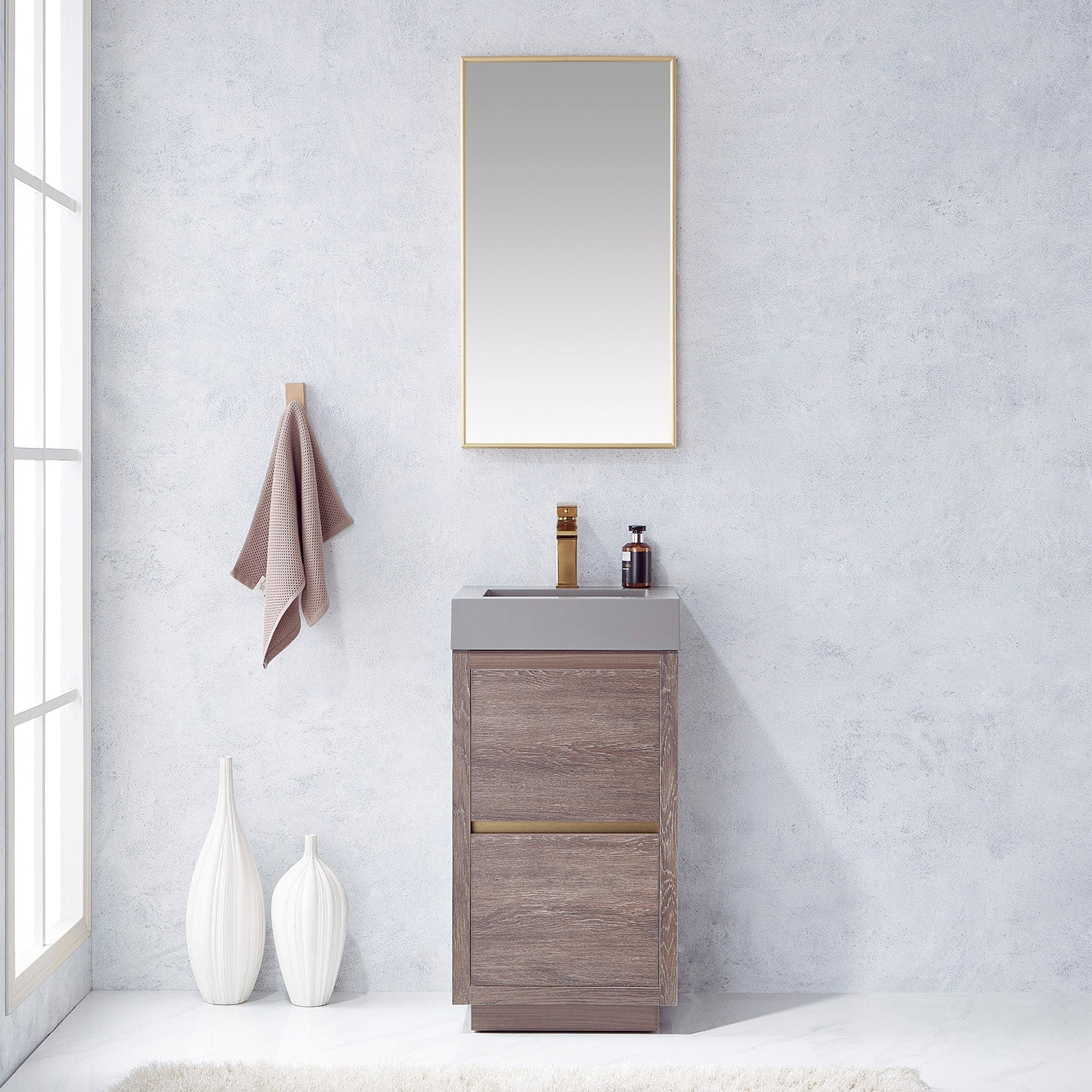 Vinnova Design Huesca 18" Single Sink Bath Vanity in North Carolina Oak with Grey Composite Integral Square Sink Top - New Star Living