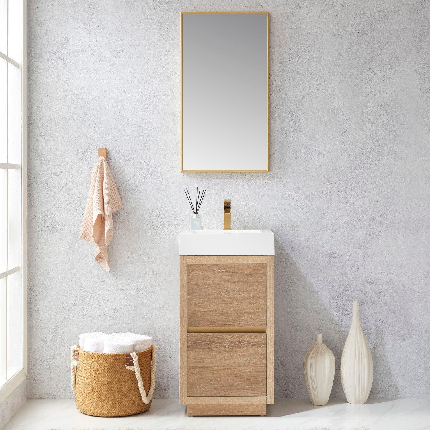 Vinnova Design Huesca 18" Single Sink Bath Vanity in North American Oak with White Composite Integral Square Sink Top - New Star Living