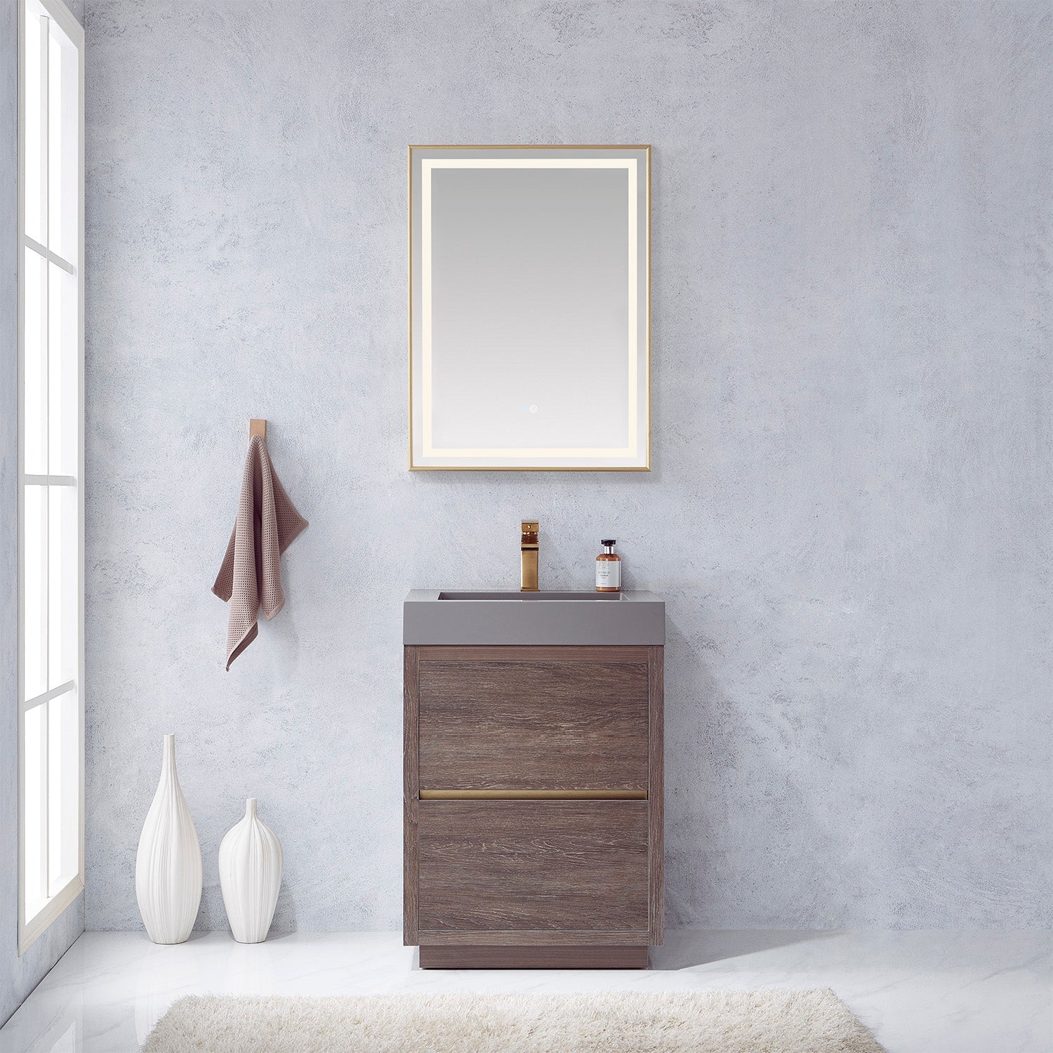 Vinnova Design Huesca 24" Single Sink Bath Vanity in North Carolina Oak with Grey Composite Integral Square Sink Top - New Star Living