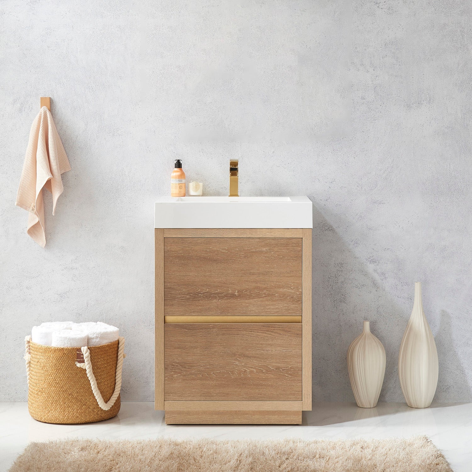 Vinnova Design Huesca 24" Single Sink Bath Vanity in North American Oak with White Composite Integral Square Sink Top - New Star Living
