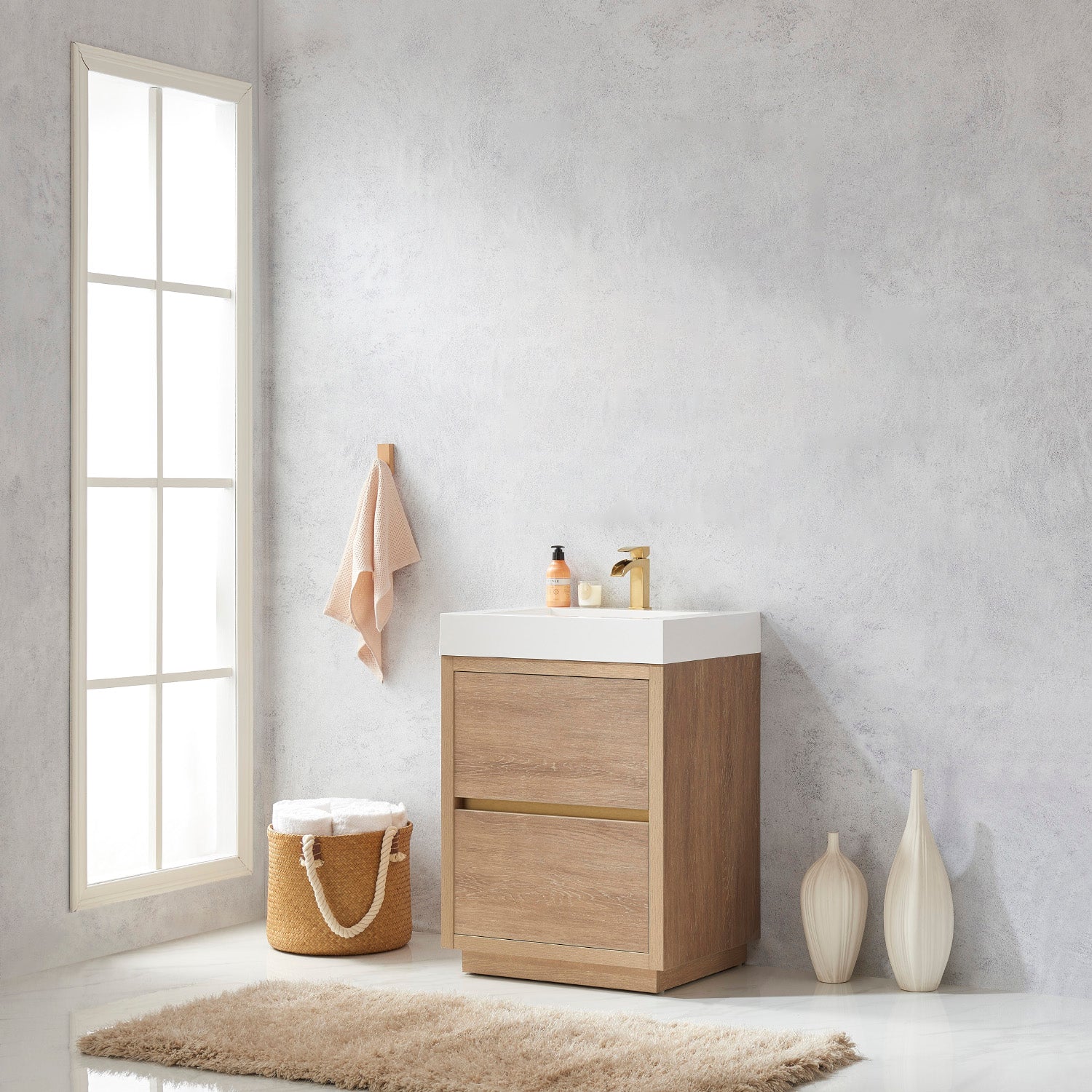 Vinnova Design Huesca 24" Single Sink Bath Vanity in North American Oak with White Composite Integral Square Sink Top - New Star Living