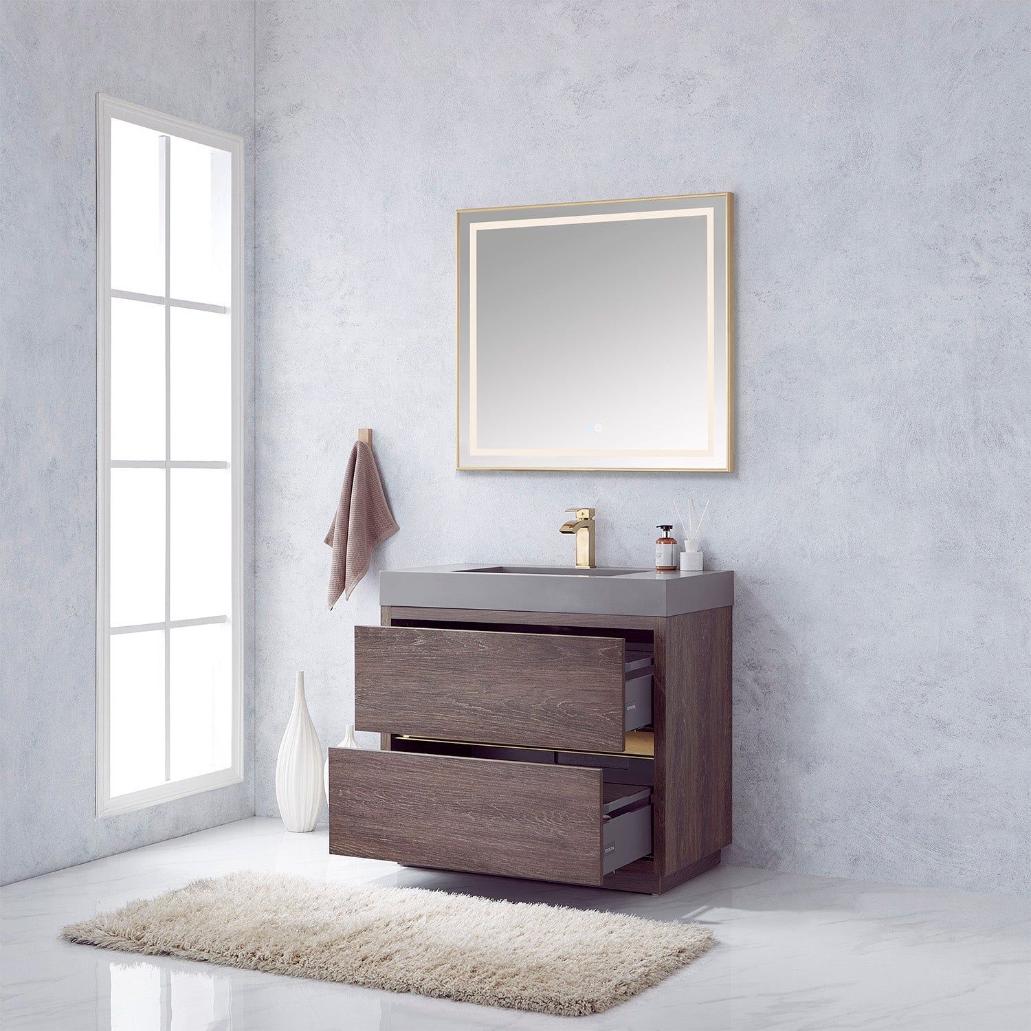 Vinnova Design Huesca 36" Single Sink Bath Vanity in North Carolina Oak with Grey Composite Integral Square Sink Top - New Star Living