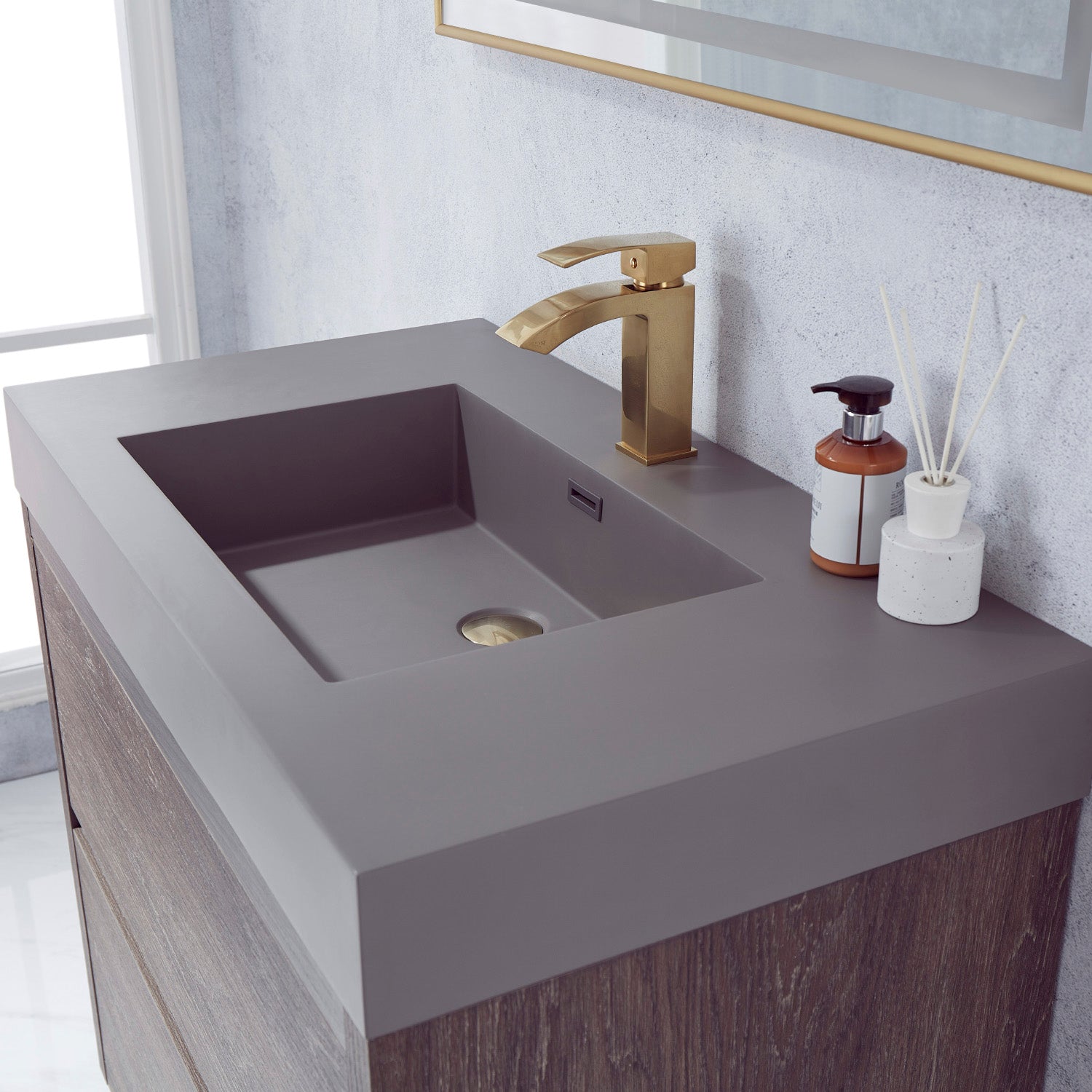 Vinnova Design Huesca 36" Single Sink Bath Vanity in North Carolina Oak with Grey Composite Integral Square Sink Top - New Star Living